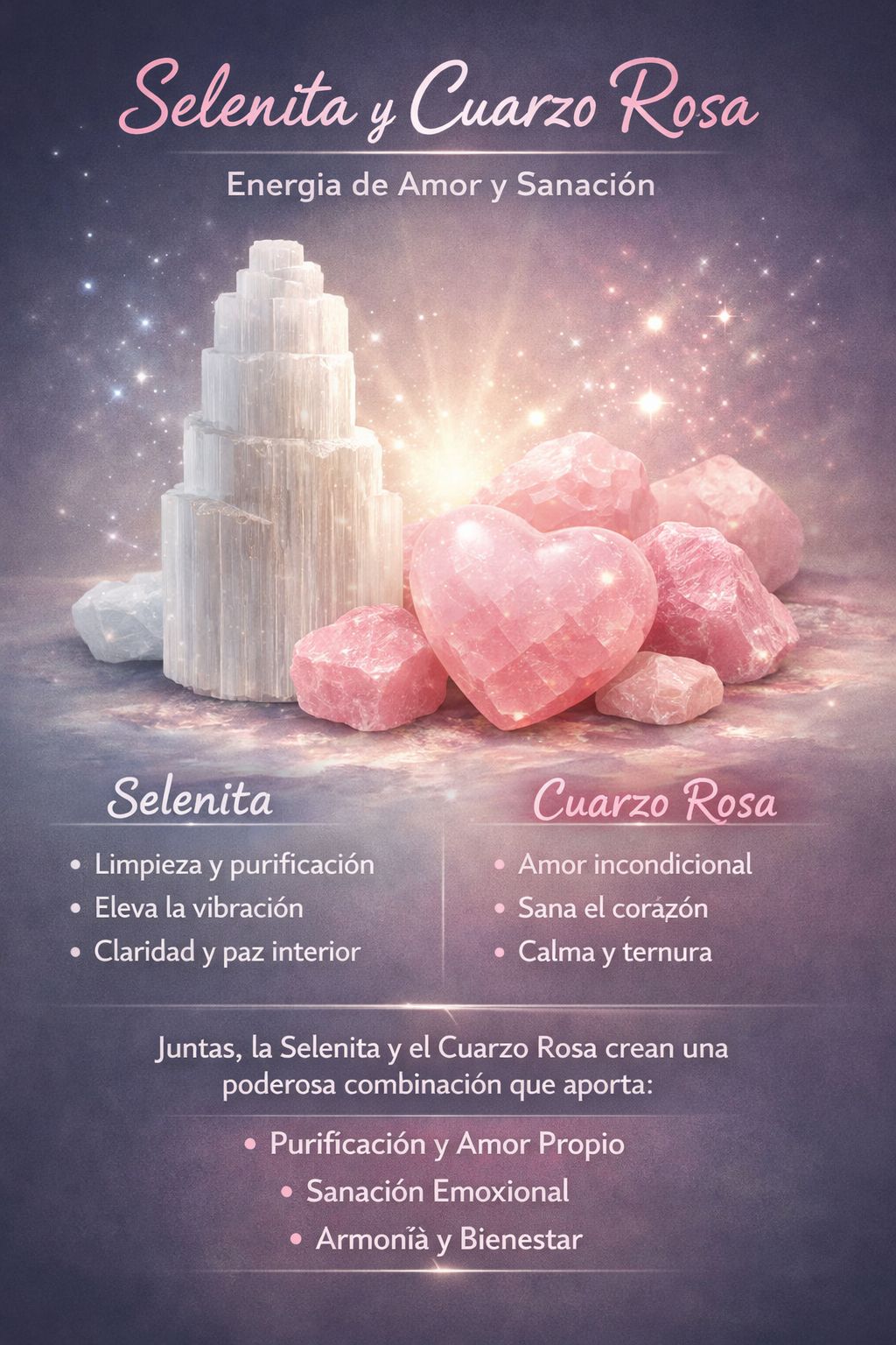 Descubre la combinación de selenita y cuarzo rosa: energía suave de amor, calma y protección. Ideal para niños, personas mayores y para crear un ambiente armonioso y relajante.