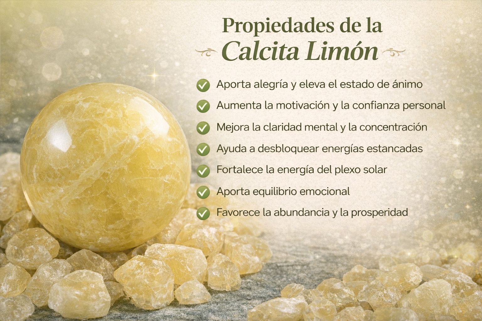 Calcita limón propiedades energéticas, mineral amarillo del plexo solar que aporta alegría, claridad mental y confianza personal