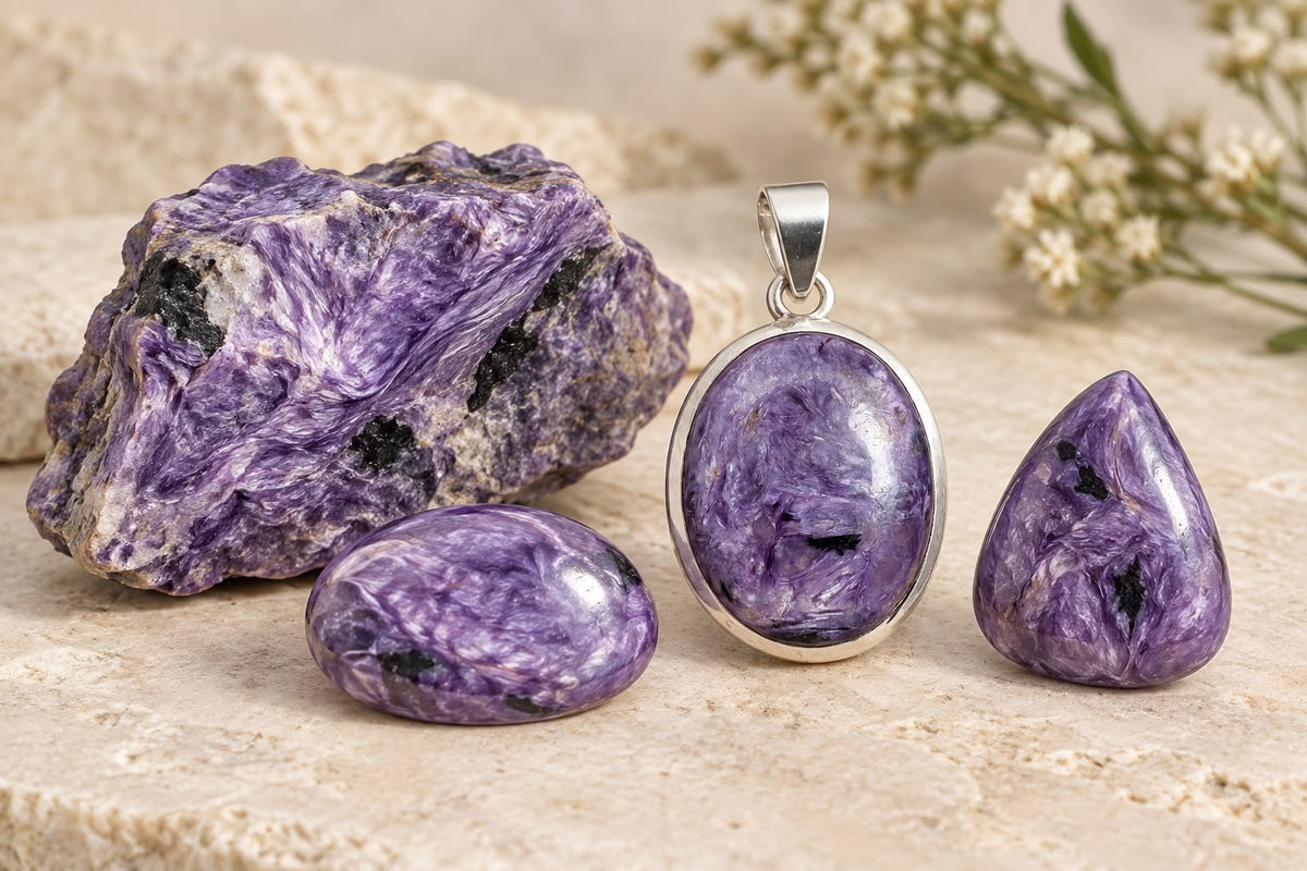 Propiedades de la charoita. Descubre las propiedades de la charoita y aprende a utilizarla durante la meditación, tanto en piedra como en colgante.