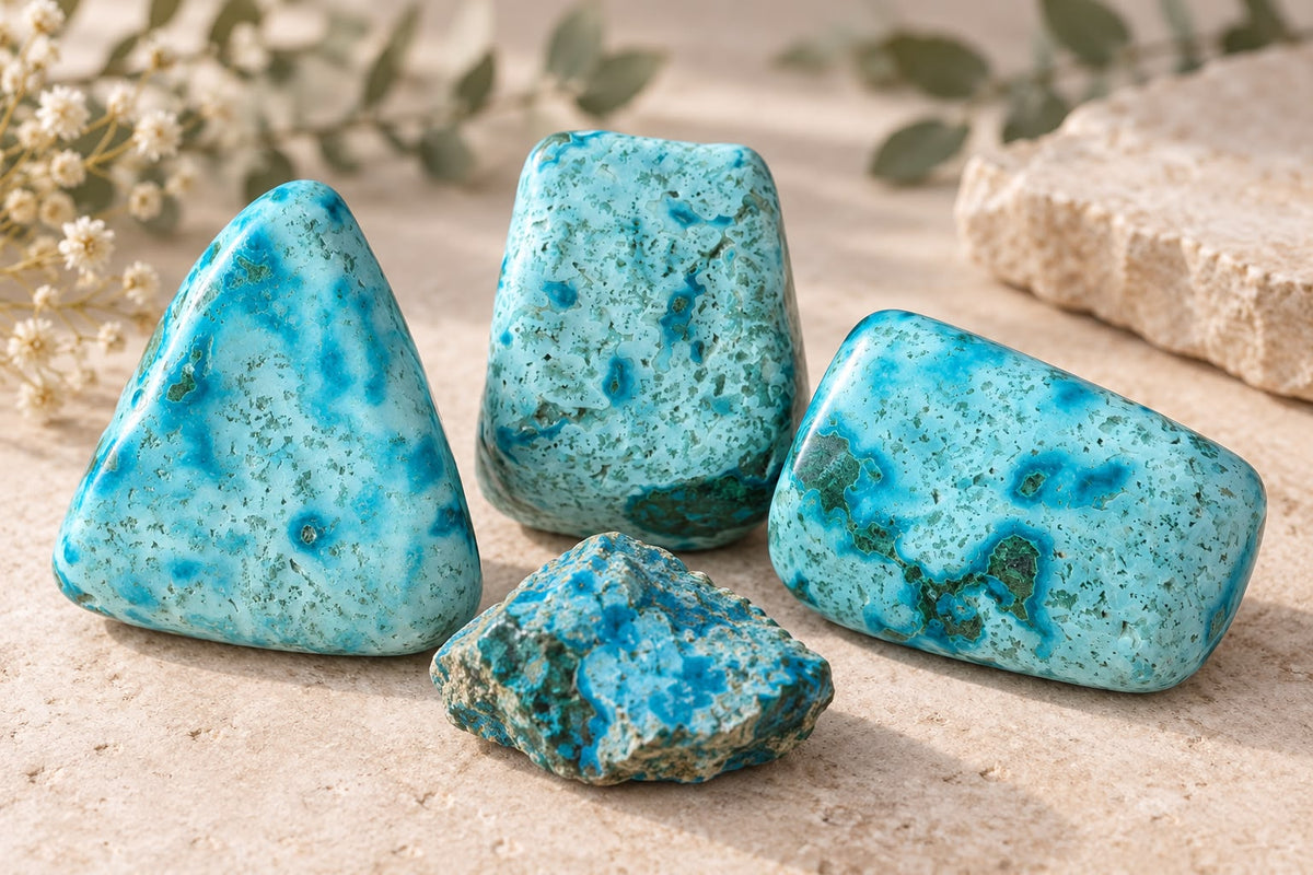 Crisocola natural pulida y en bruto en tonos azul turquesa y verde, utilizada en meditación, chakras y gemoterapia.