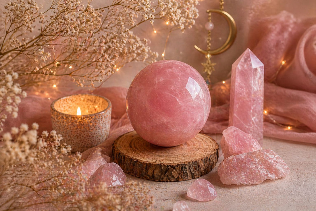 Esfera de cuarzo rosa de alta calidad y color intenso. Energía de amor, calma y sanación emocional para armonizar tu espacio y tu interior.