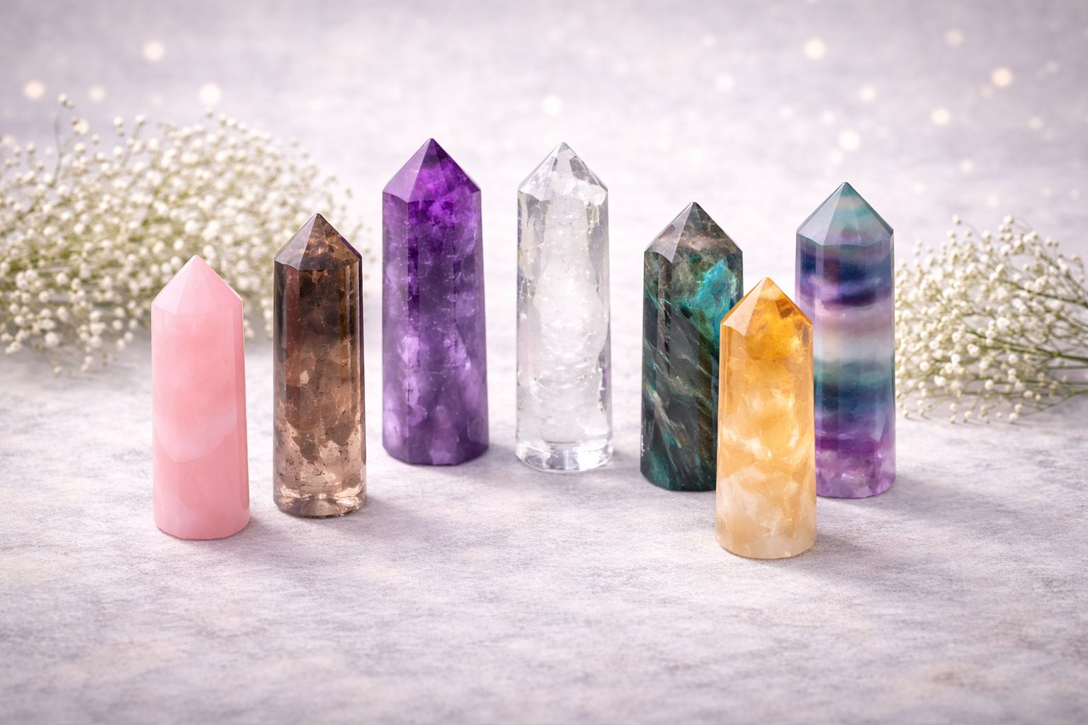 torres y puntas de minerales naturales. ideal para terapias y canalización 