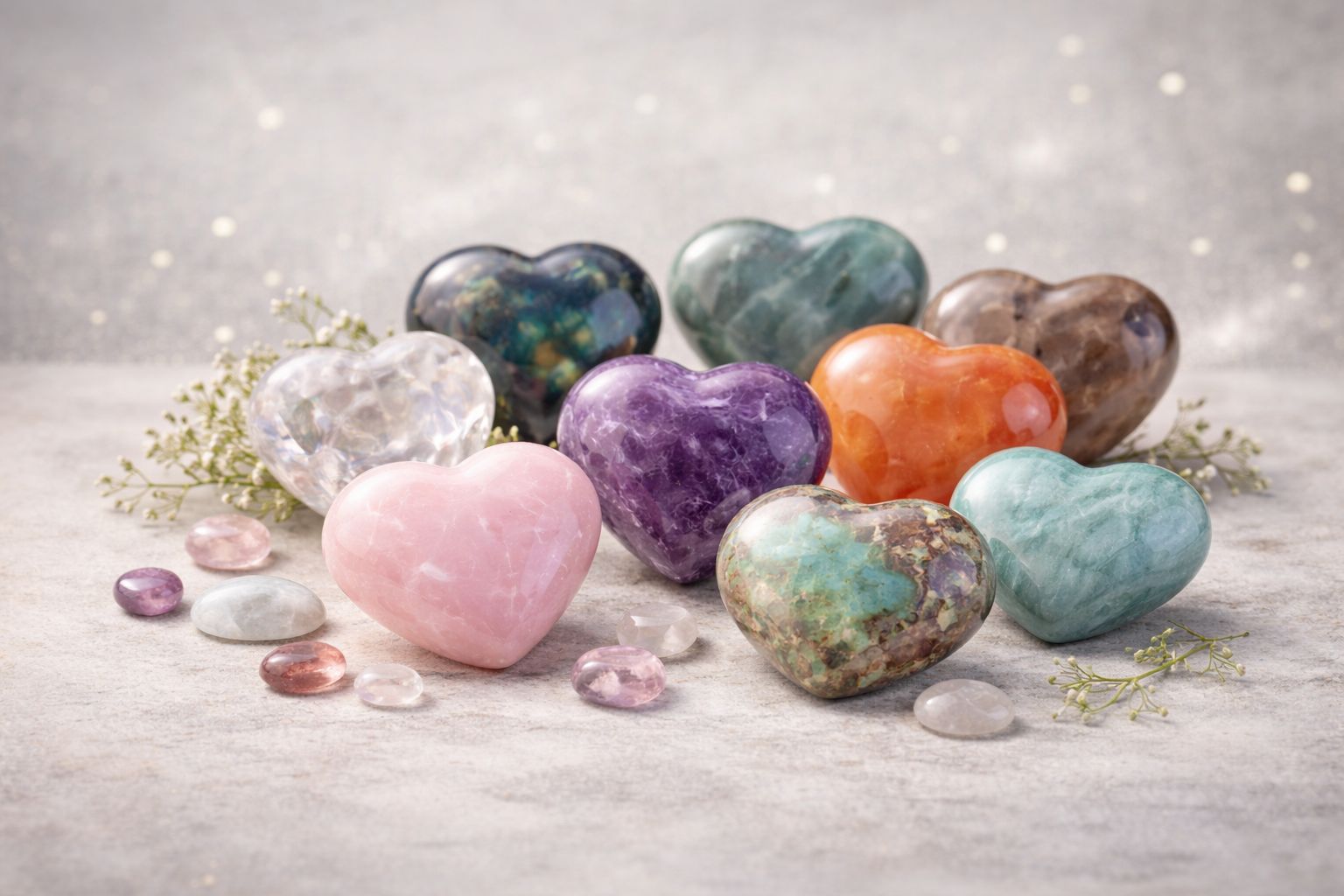 Corazones de minerales naturales, cuarzo rosa, amatista, amazonita, labradorita y muchos mas 