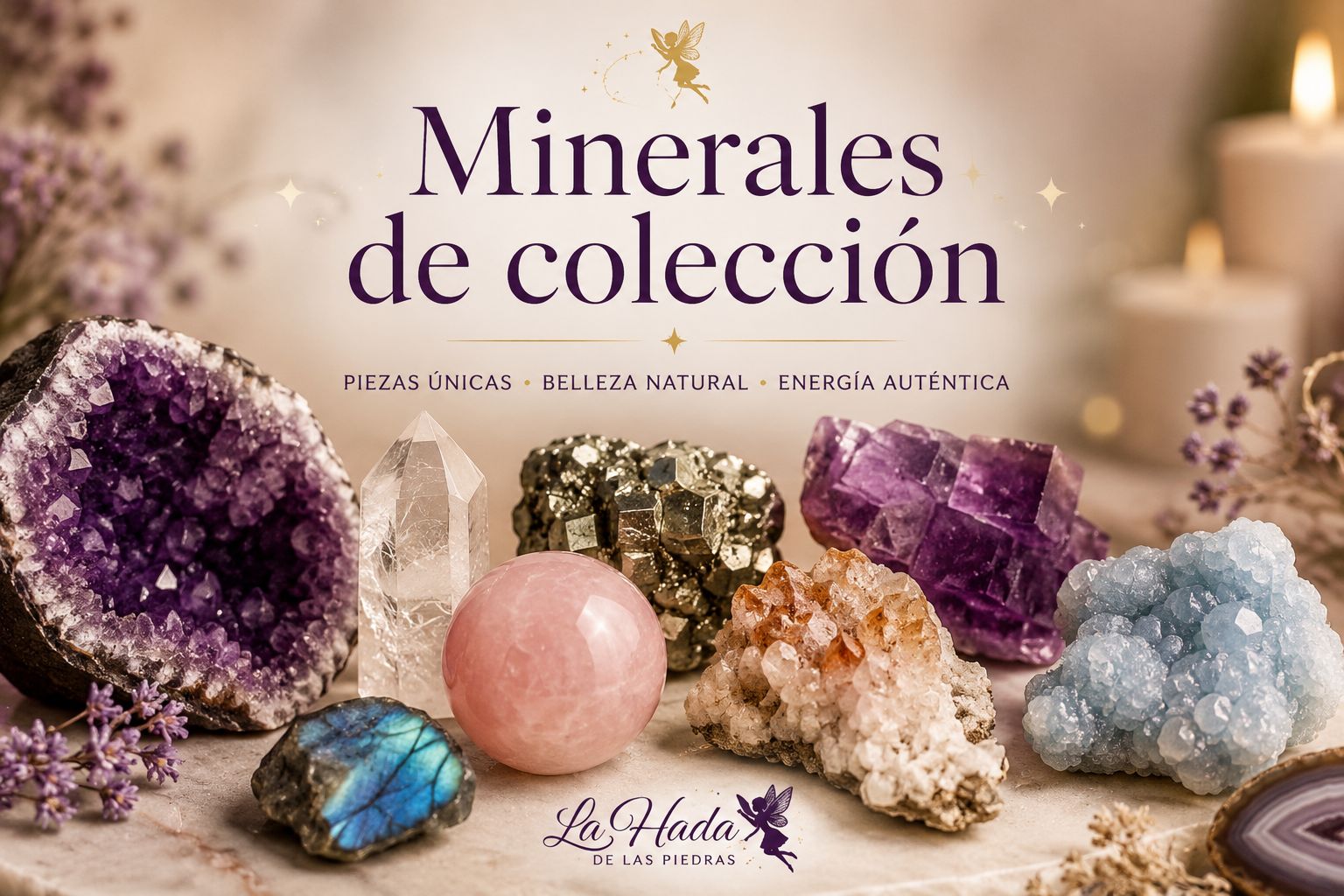 Minerales de colección con amatista, cuarzo, pirita, fluorita y otras piezas únicas seleccionadas una a una para coleccionistas y amantes de los minerales naturales.