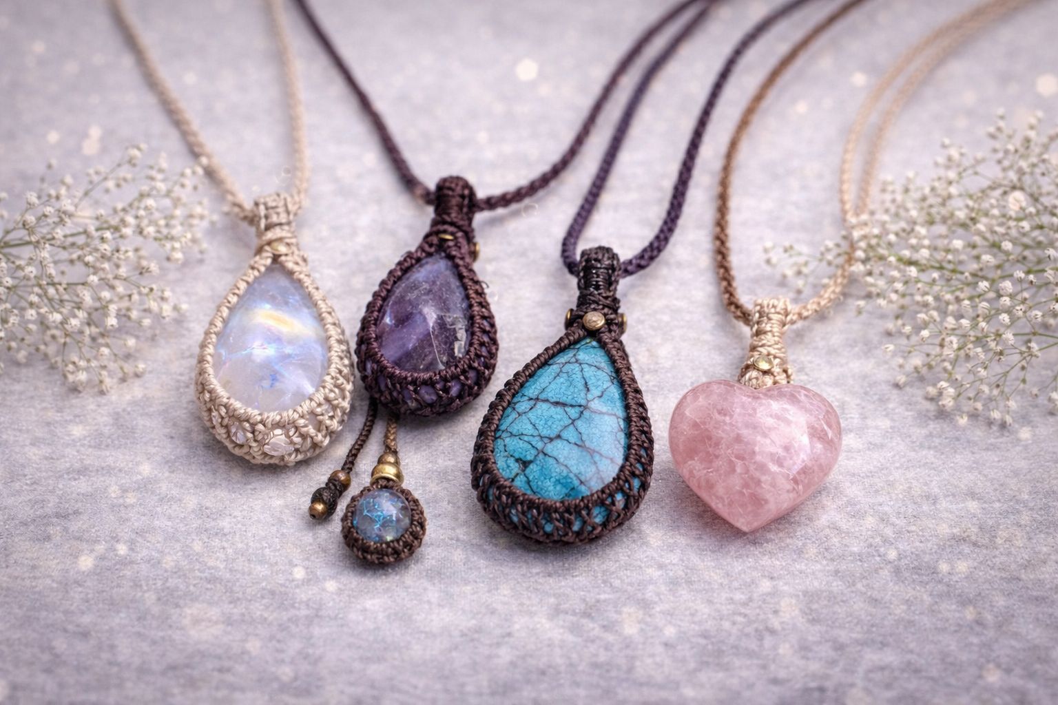 joyas de macramé con piedras naturales  artesanales 