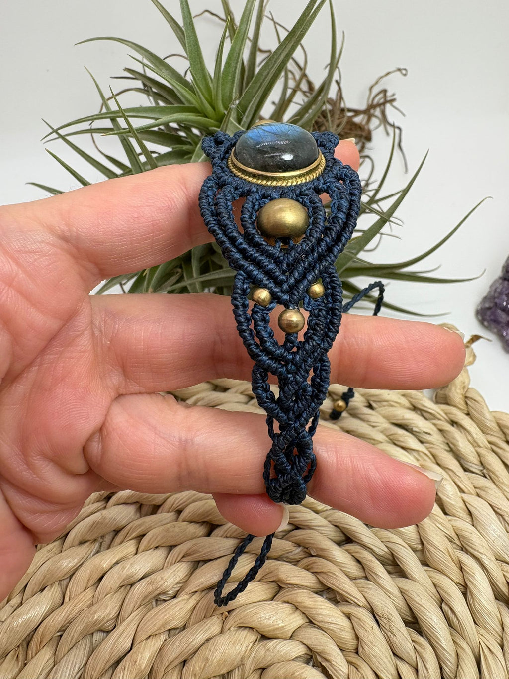 Pulsera de macramé con labradorita natural-brazalete artesanal ajustable