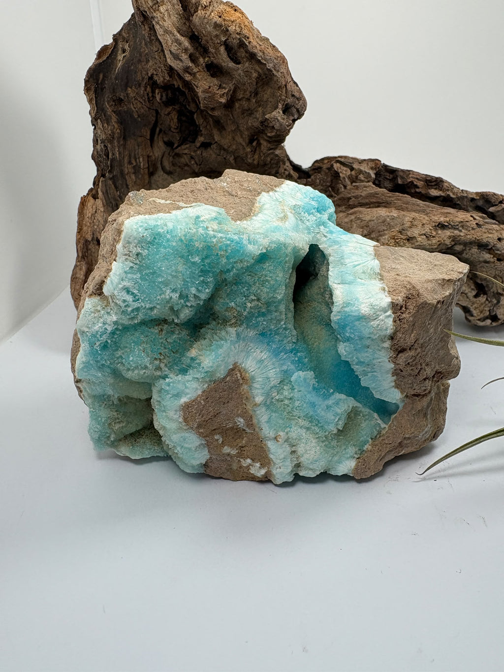 Aragonito azul de Pakistán con tonos turquesa y bellas formaciones sobre matriz. Descubre esta pieza única en La Hada de las Piedras.