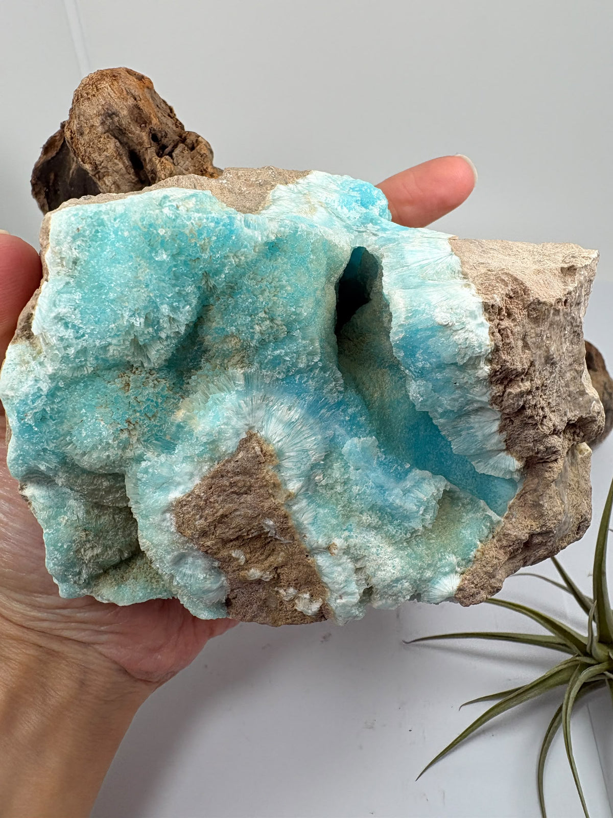 Aragonito azul de Pakistán con tonos turquesa y bellas formaciones sobre matriz. Descubre esta pieza única en La Hada de las Piedras.