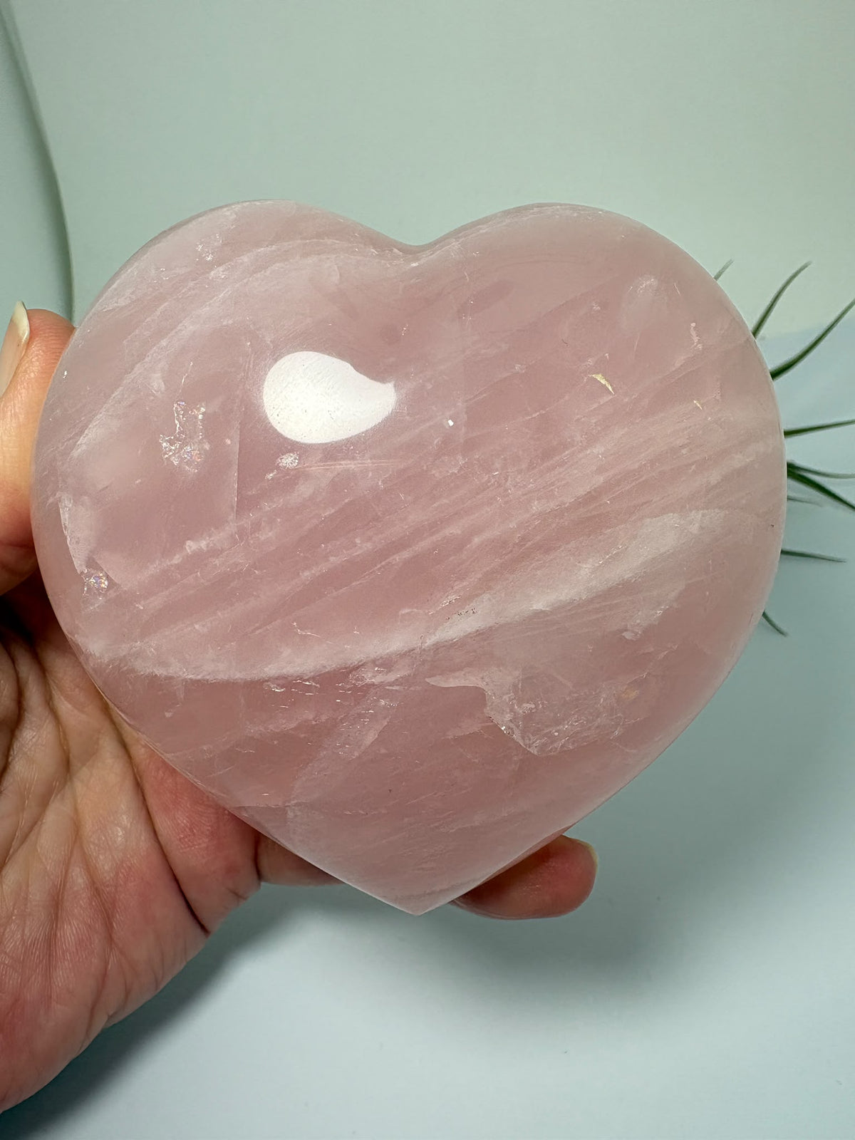 Corazón de cuarzo rosa natural de Madagascar, grande y pulido. Una pieza única de suaves tonos rosados, símbolo de amor propio y armonía.