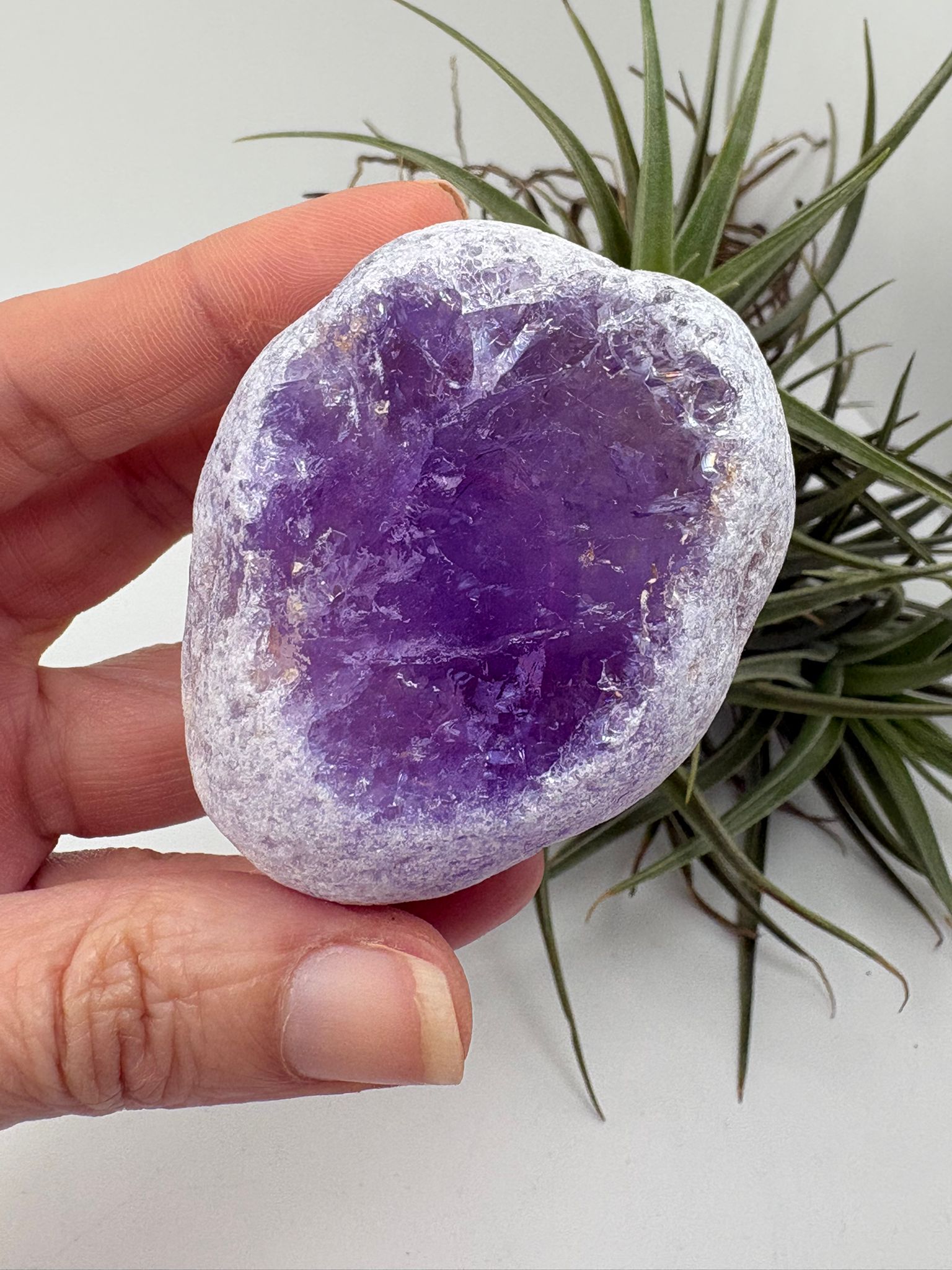 Cuarzo visión de amatista natural con cavidad en su interior. Pieza única, energía profunda que invita a la calma, la introspección y la conexión interior. Ideal para espacios de paz.