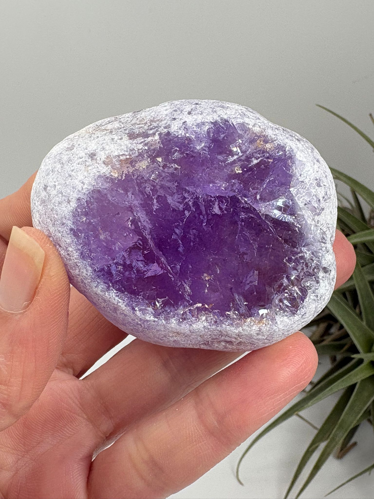 Cuarzo visión de amatista natural con cavidad en su interior. Pieza única, energía profunda que invita a la calma, la introspección y la conexión interior. Ideal para espacios de paz.