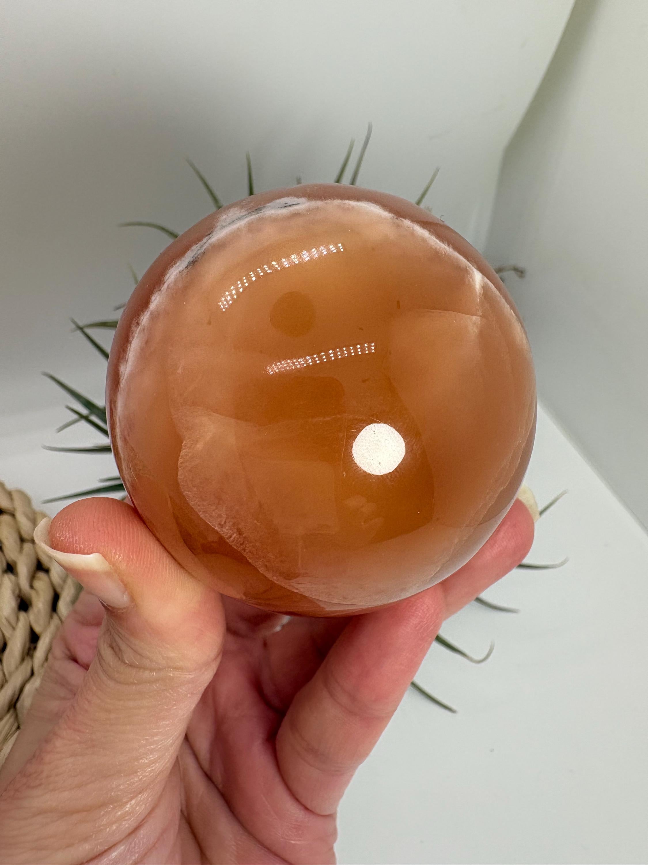 Hermosa esfera de calcita miel natural pulida, con tonos dorados y cálidos característicos de este mineral. Cada pieza presenta vetas y matices únicos formados de manera natural durante millones de años.

La calcita miel es una piedra muy apreciada en el mundo de los minerales por su energía revitalizante y su capacidad para aportar confianza, claridad mental y motivación.