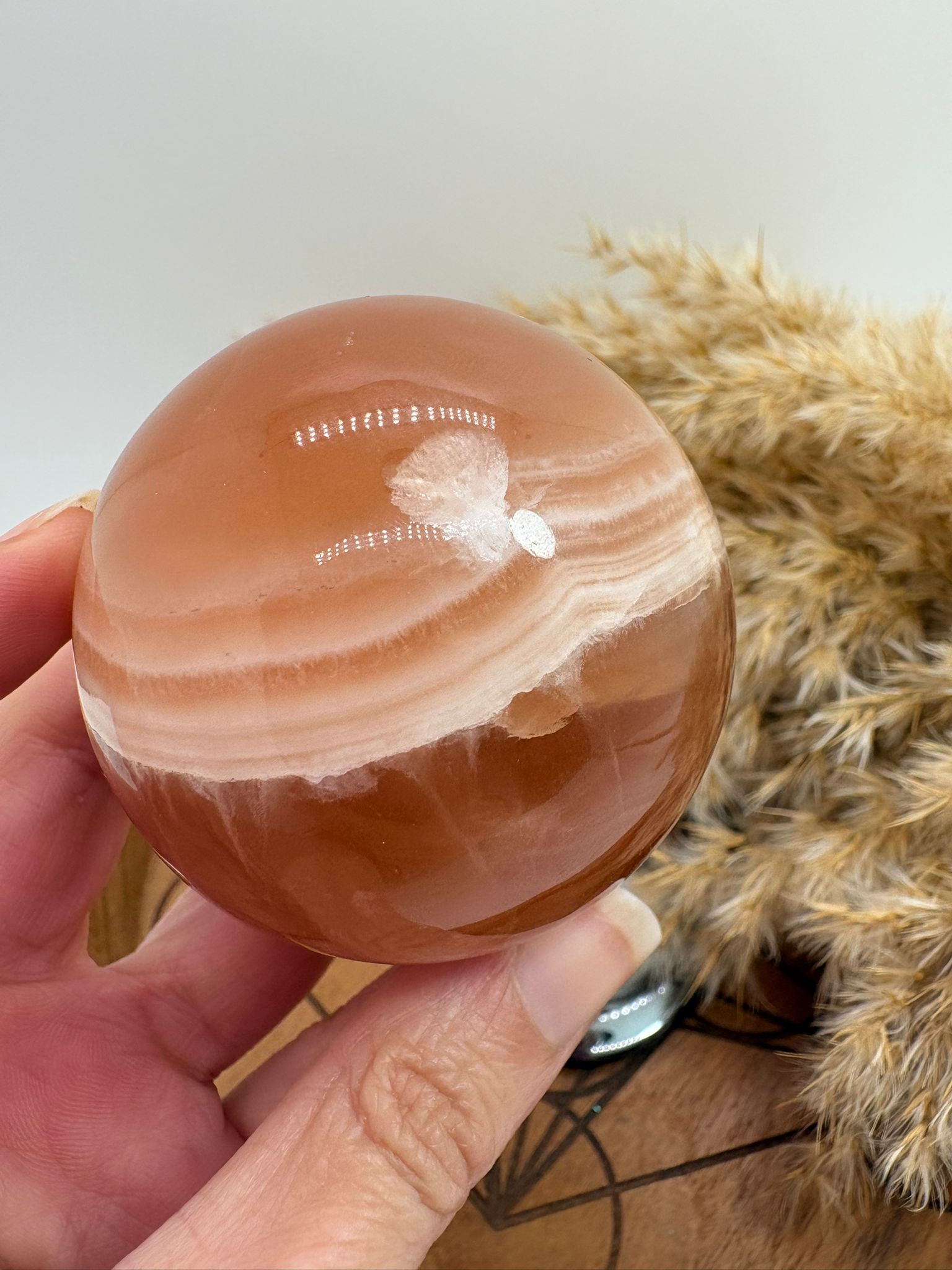 Hermosa esfera de calcita miel natural pulida, con tonos dorados y cálidos característicos de este mineral. Cada pieza presenta vetas y matices únicos formados de manera natural durante millones de años.

La calcita miel es una piedra muy apreciada en el mundo de los minerales por su energía revitalizante y su capacidad para aportar confianza, claridad mental y motivación.