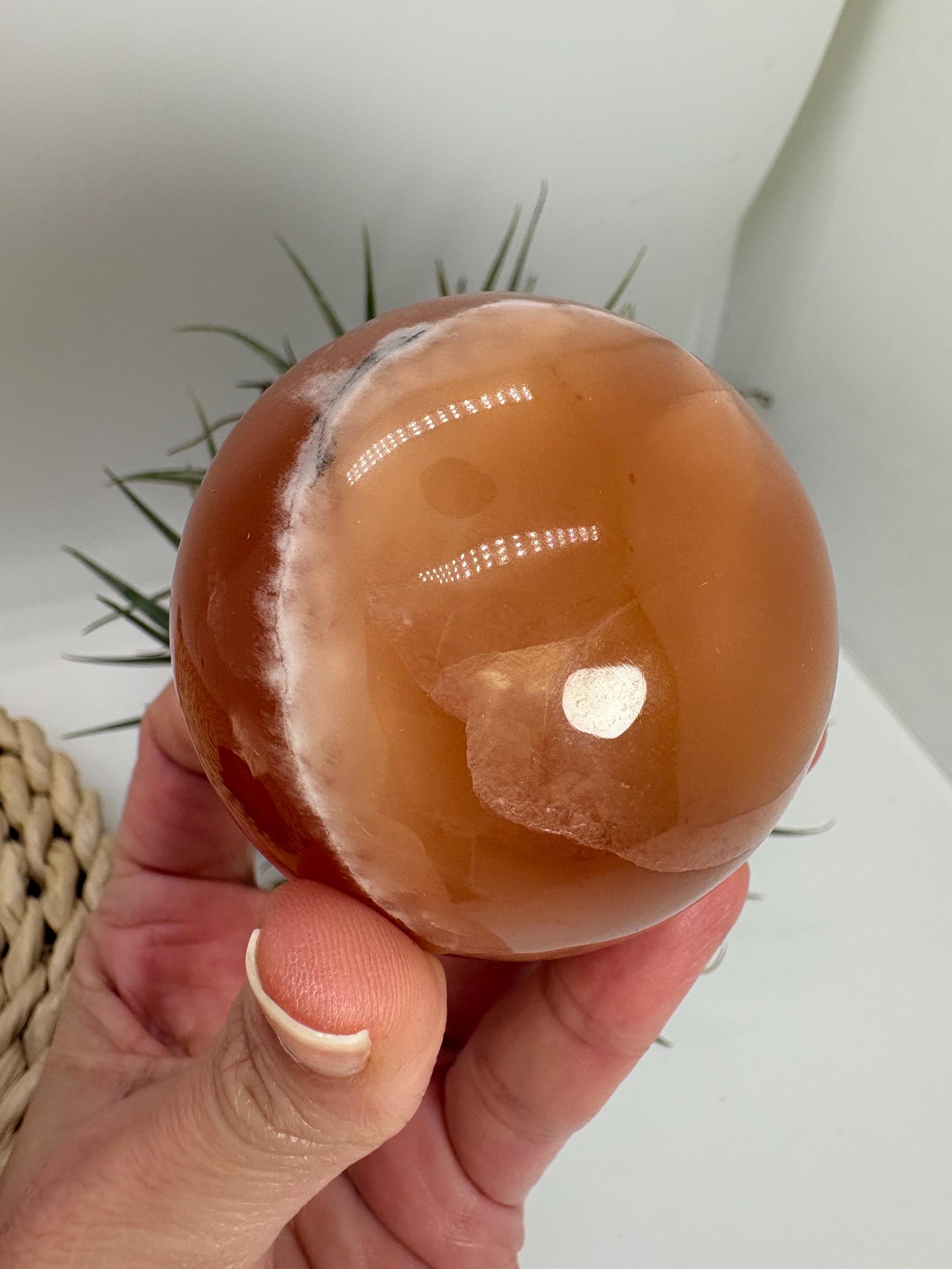 Hermosa esfera de calcita miel natural pulida, con tonos dorados y cálidos característicos de este mineral. Cada pieza presenta vetas y matices únicos formados de manera natural durante millones de años.

La calcita miel es una piedra muy apreciada en el mundo de los minerales por su energía revitalizante y su capacidad para aportar confianza, claridad mental y motivación.