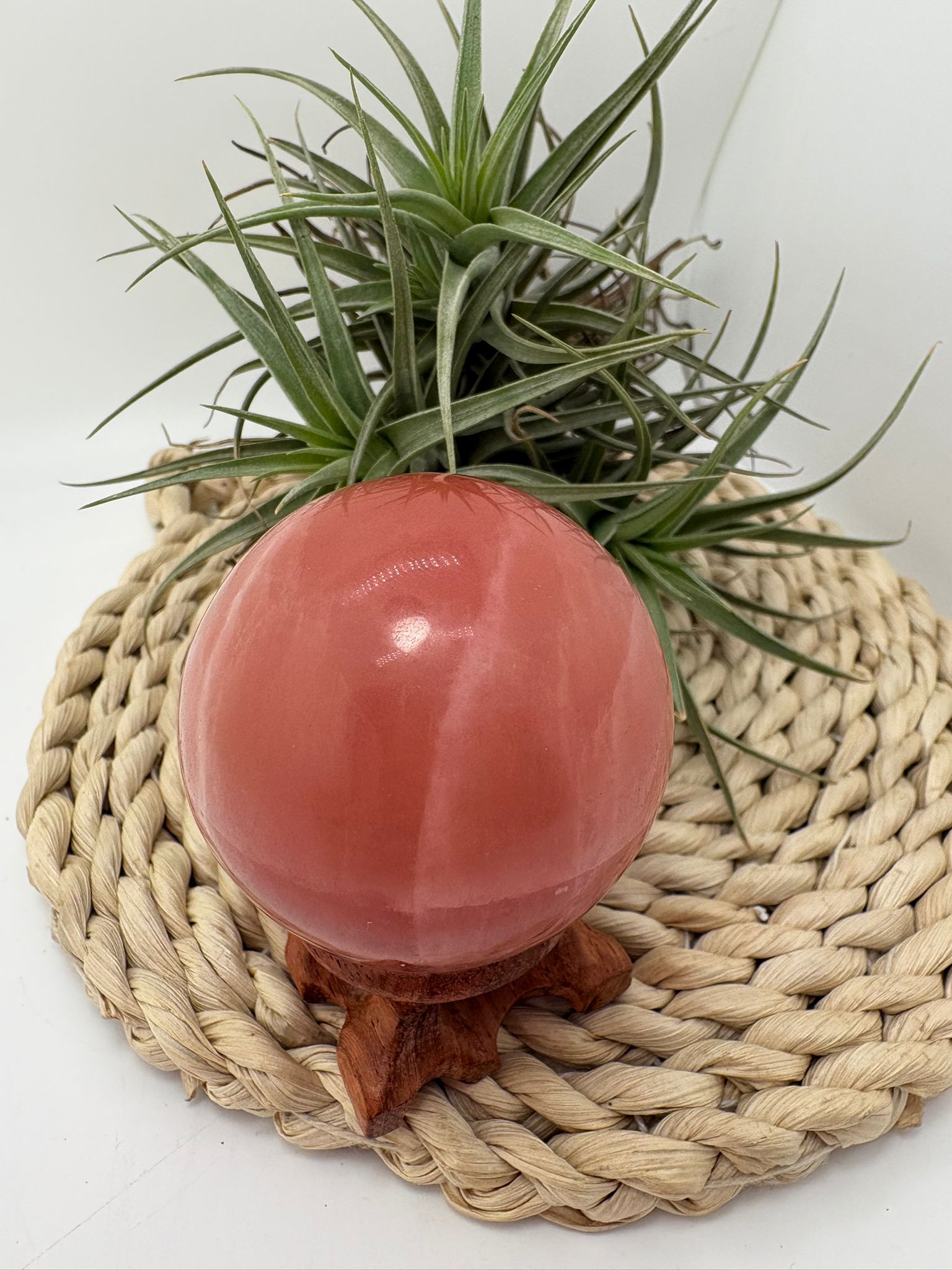 Esfera de calcita rosa natural procedente de Pakistán, pulida con acabado suave y brillo sedoso que resalta sus delicadas vetas en tonos rosados.

La calcita rosa es una piedra profundamente vinculada al chakra corazón, conocida por su energía calmante y amorosa. Ayuda a sanar emociones, aportar paz interior y fomentar el amor propio.