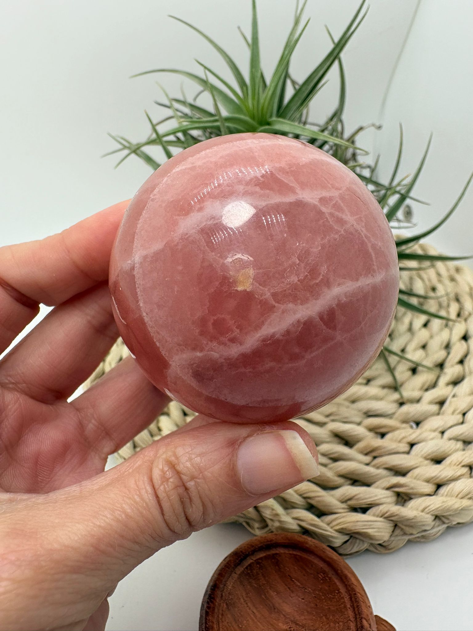 Esfera de calcita rosa natural procedente de Pakistán, pulida con acabado suave y brillo sedoso que resalta sus delicadas vetas en tonos rosados.

La calcita rosa es una piedra profundamente vinculada al chakra corazón, conocida por su energía calmante y amorosa. Ayuda a sanar emociones, aportar paz interior y fomentar el amor propio.