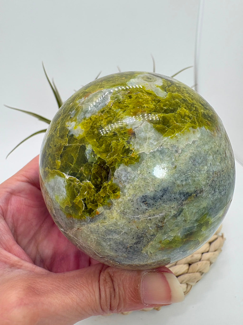 Preciosa esfera de ópalo verde procedente de Madagascar, caracterizada por sus tonalidades verdes, amarillentas y blancas, que forman dibujos naturales únicos en toda la superficie. Su pulido realza el color, el brillo y la riqueza de sus matices.