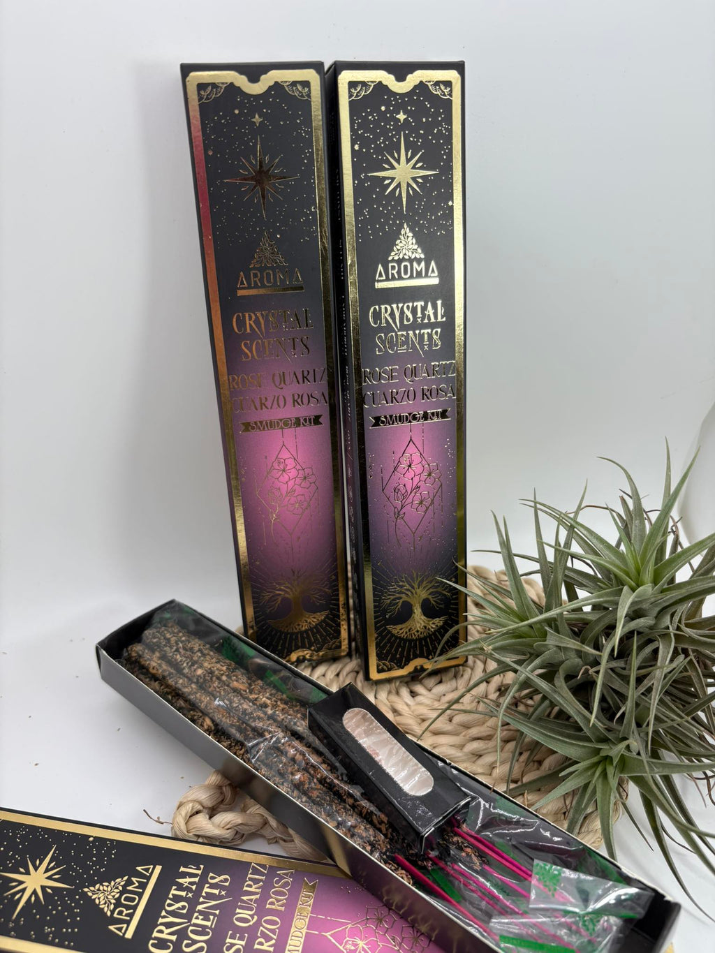 incienso de cuarzo rosa de la marca crystal, ideal para meditación, el amor y el amor propio.