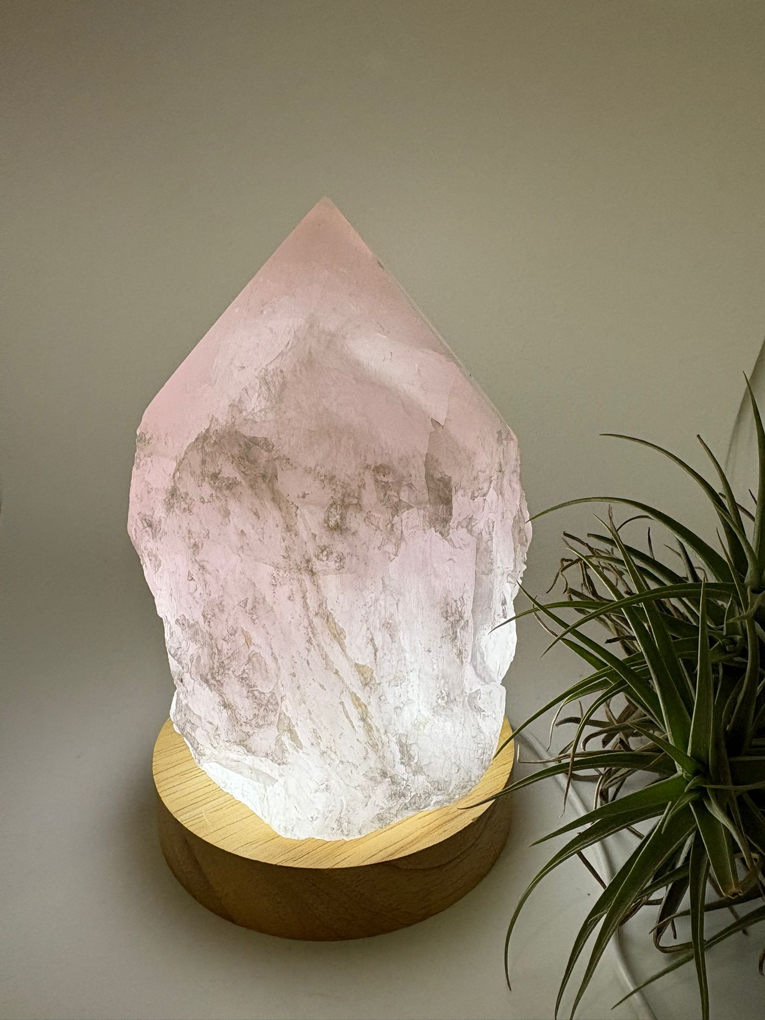 Lámpara de cuarzo rosa natural de alta calidad, una pieza única que combina la belleza del mineral con una iluminación suave y envolvente gracias a su base LED de madera con conexión USB.

Este cuarzo rosa ha sido trabajado en forma semi pulida, manteniendo parte de su estado natural en la base y con la punta pulida en forma de generador. Esta terminación permite dirigir y amplificar la energía, potenciando sus propiedades y creando un ambiente armónico en el espacio.

El cuarzo rosa es conocido como la pie