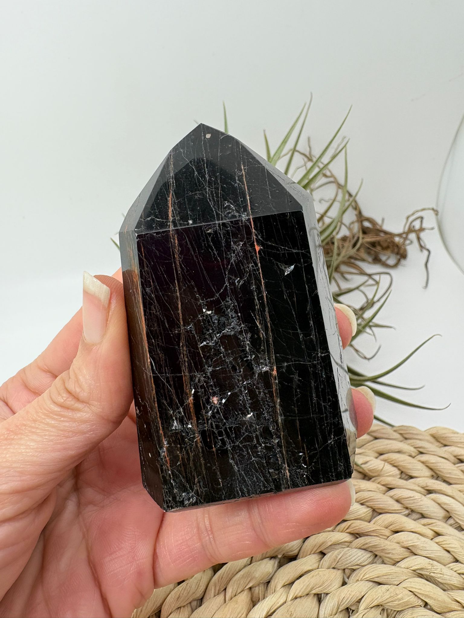 Punta de turmalina negra y hematite natural 7,7 cm cristal protección energética  