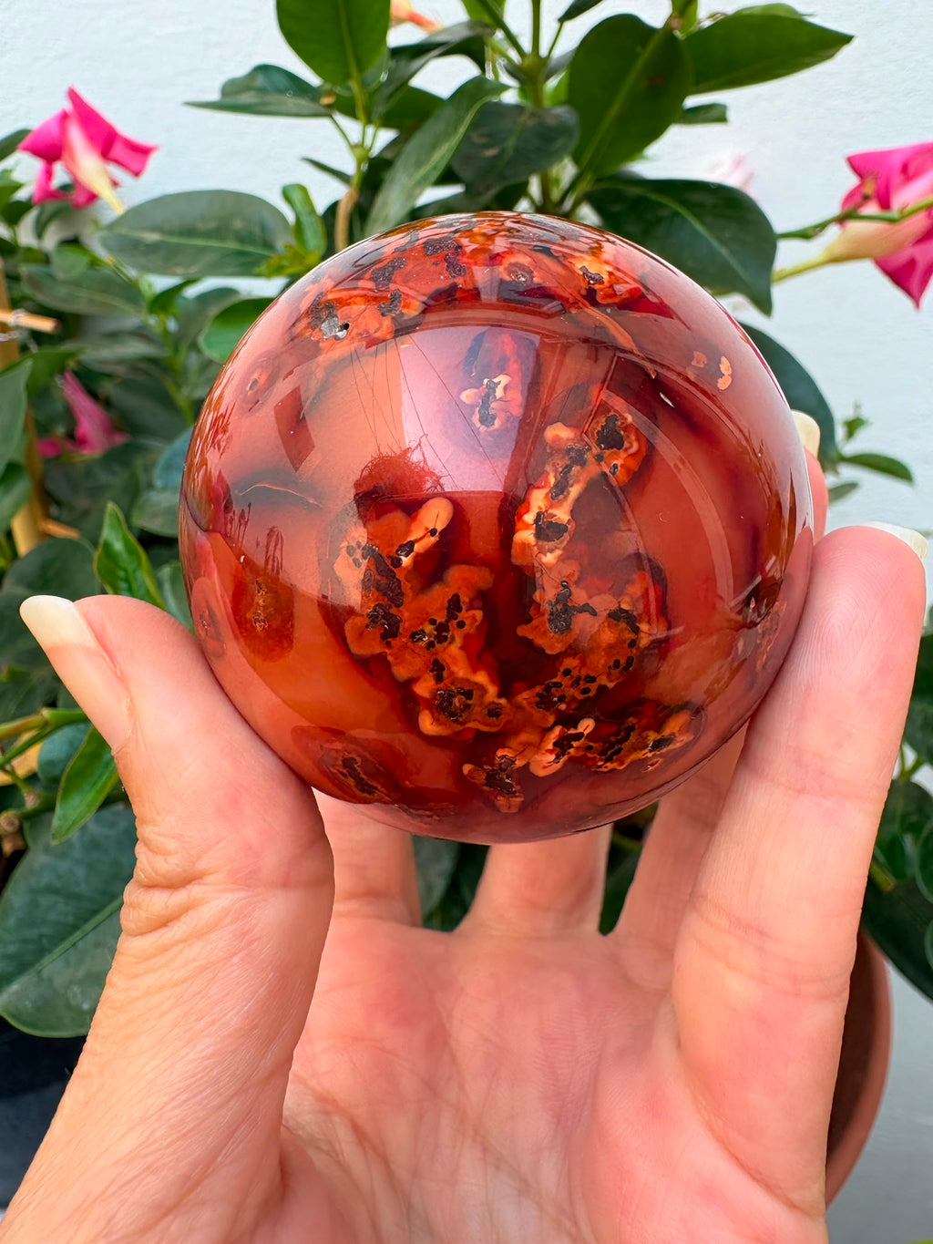 esfera de cornalina natural de tonos naranjas y rojizos, asociada con la vitalidad, la creatividad, la motivación y la confianza.