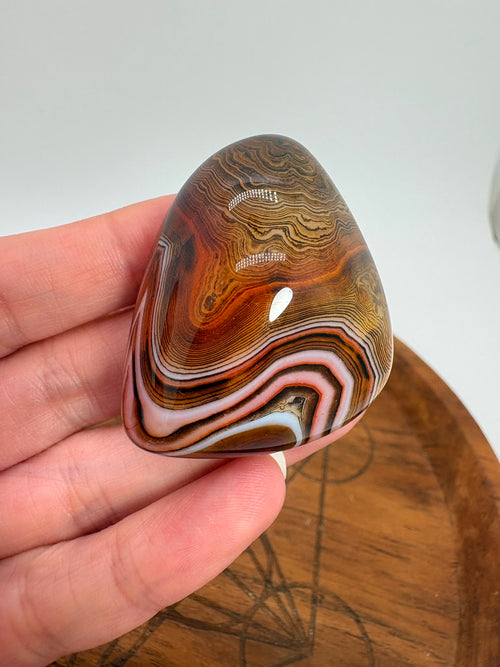 
Ágata Sardónice natural de Madagascar, pulida y de pieza única. Descubre sus elegantes bandas naturales y añade un mineral exclusivo a tu colección.