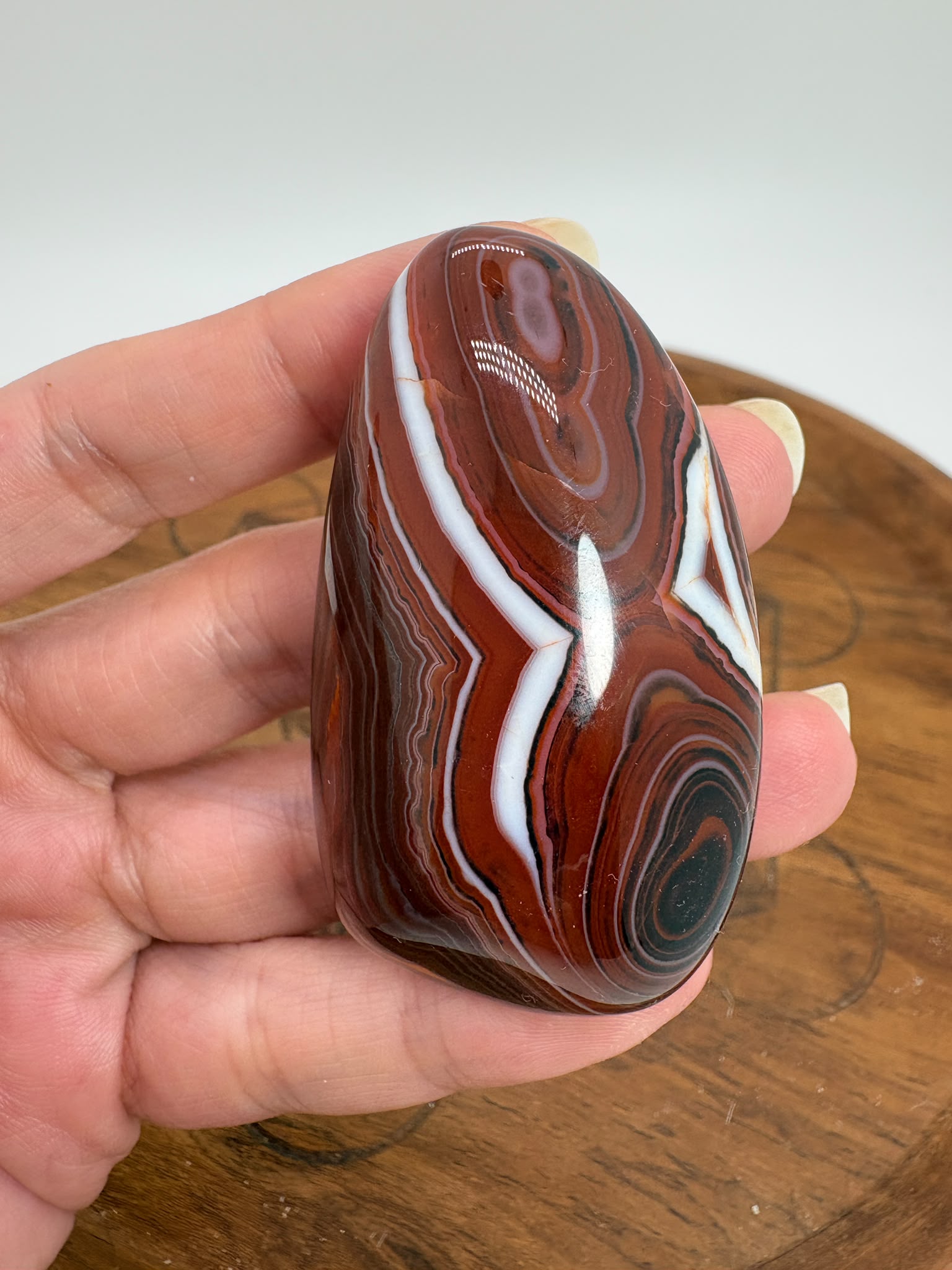 
Ágata Sardónice natural de Madagascar, pulida y de pieza única. Descubre sus elegantes bandas naturales y añade un mineral exclusivo a tu colección.