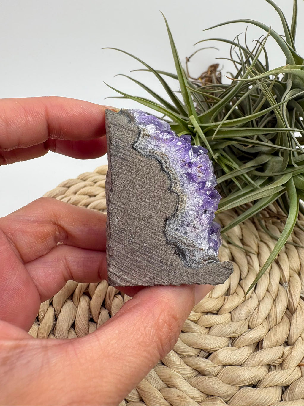 Drusa de amatista natural, mineral de color violeta muy apreciado en cristaloterapia por asociarse con la calma, la relajación y el equilibrio emocional.