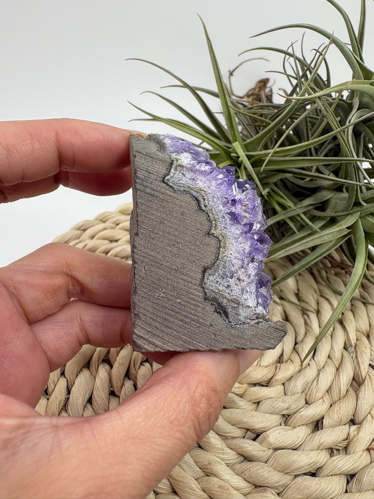 Drusa de amatista natural, mineral de color violeta muy apreciado en cristaloterapia por asociarse con la calma, la relajación y el equilibrio emocional.