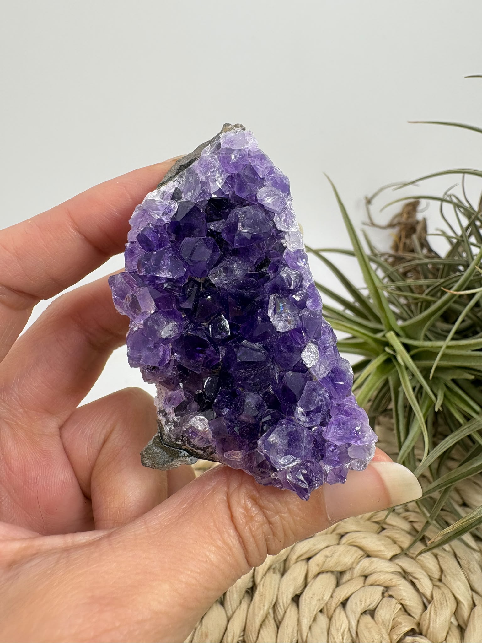 Drusa de amatista natural, mineral de color violeta muy apreciado en cristaloterapia por asociarse con la calma, la relajación y el equilibrio emocional.