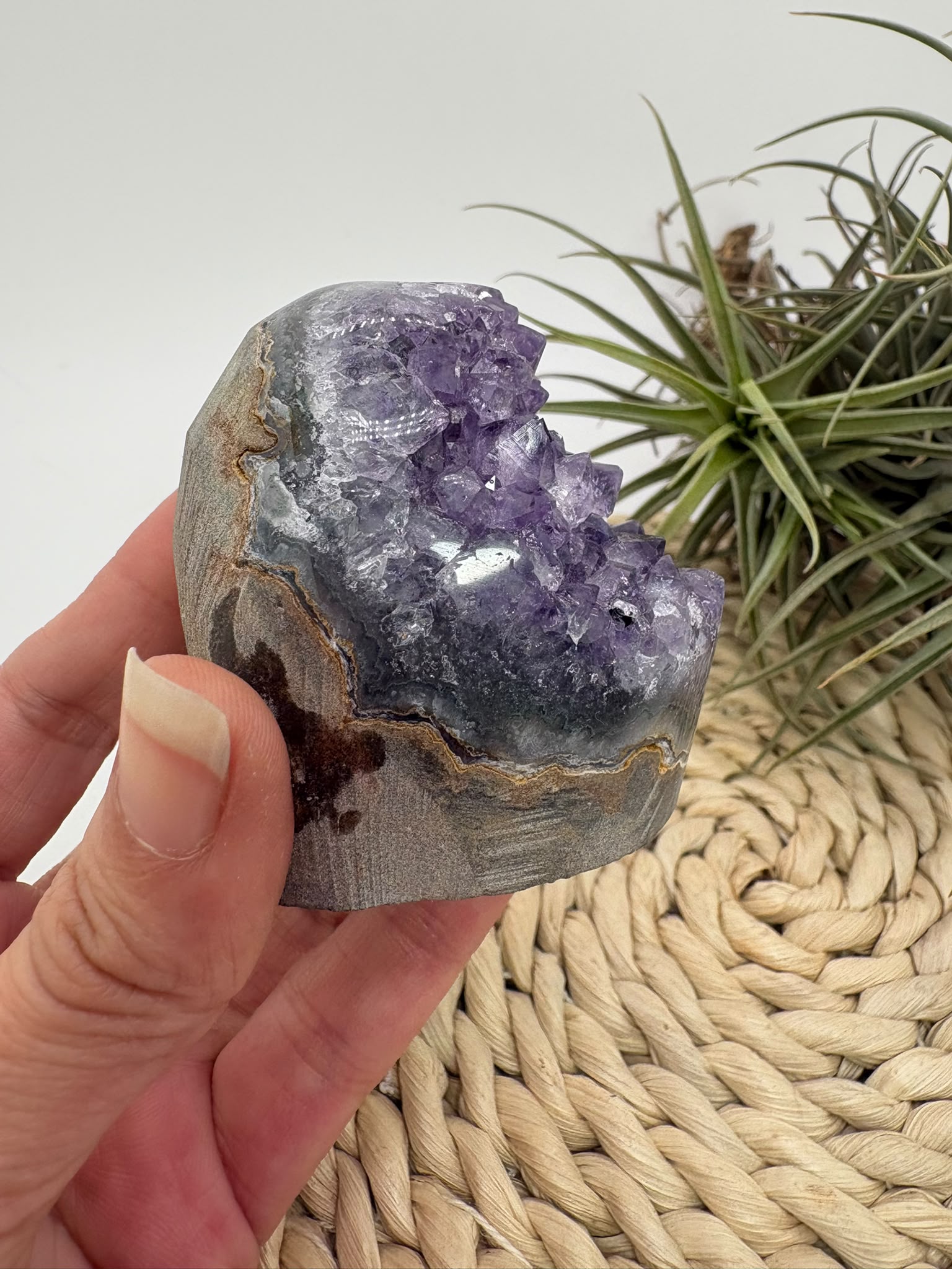 Drusa de amatista natural, mineral de color violeta muy apreciado en cristaloterapia por asociarse con la calma, la relajación y el equilibrio emocional.