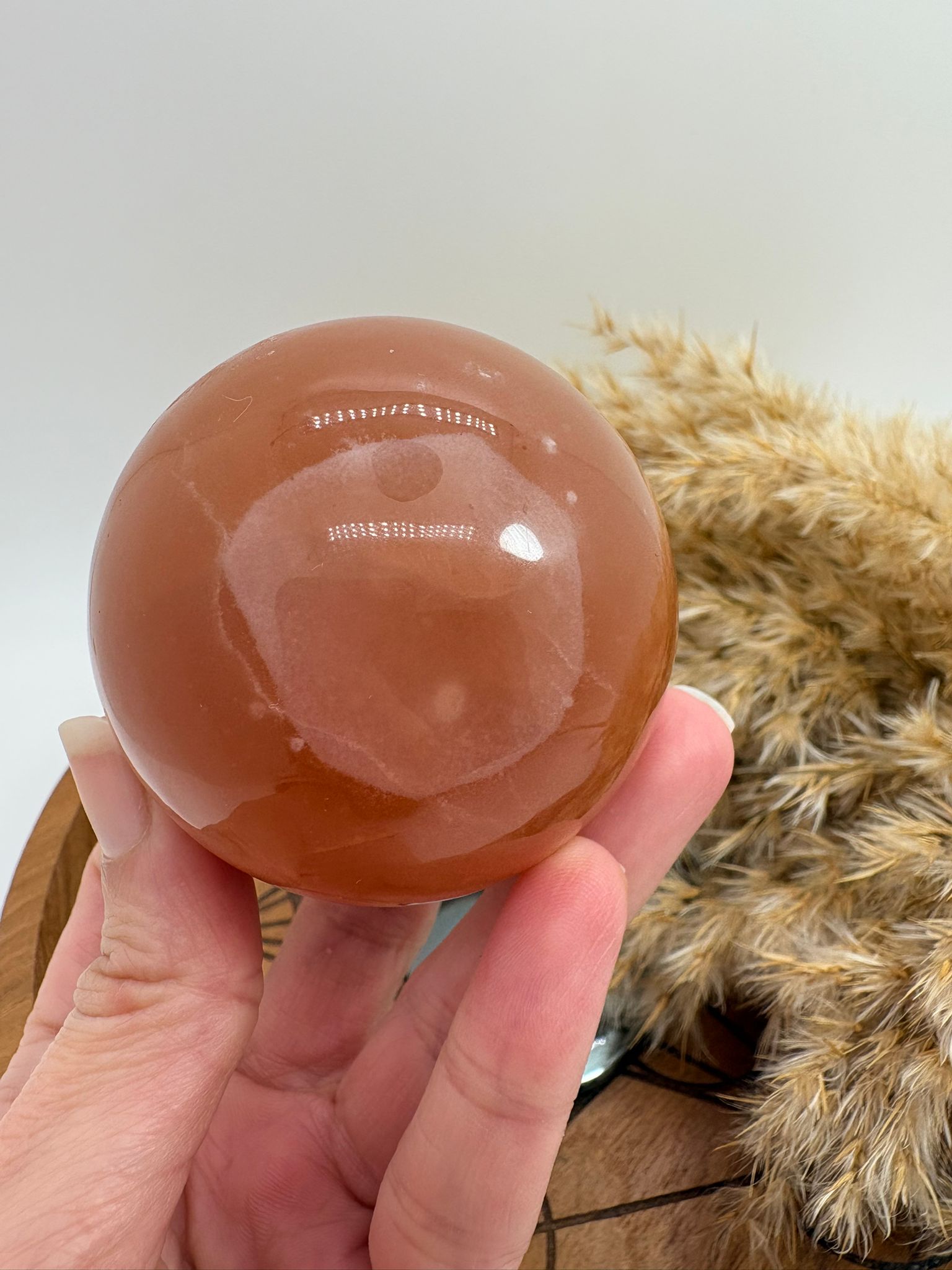 Hermosa esfera de calcita miel natural pulida, con tonos dorados y cálidos característicos de este mineral. Cada pieza presenta vetas y matices únicos formados de manera natural durante millones de años.

La calcita miel es una piedra muy apreciada en el mundo de los minerales por su energía revitalizante y su capacidad para aportar confianza, claridad mental y motivación.