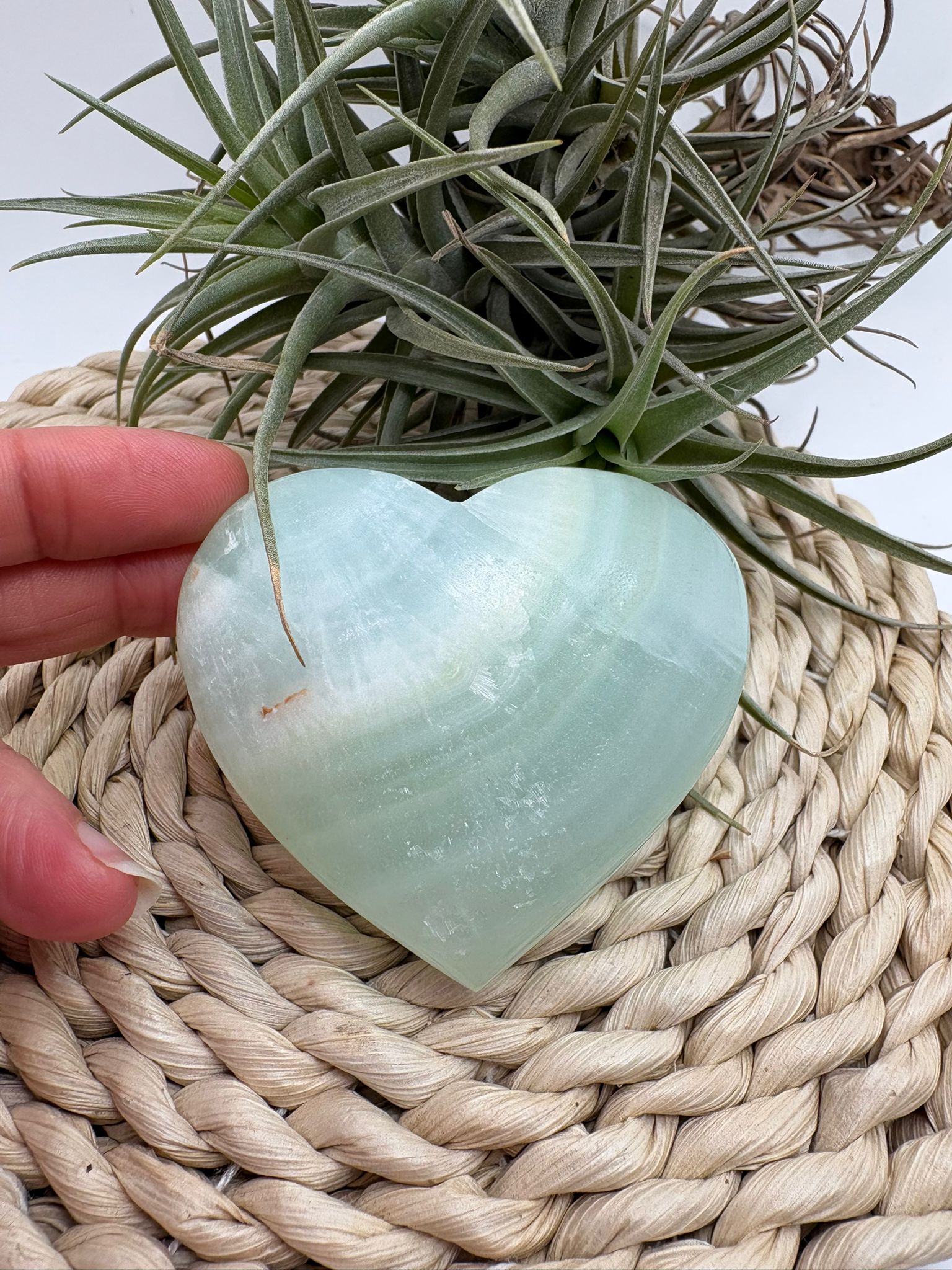 Corazón de calcita pistacho natural con energía suave y renovadora. Ideal para aportar calma, armonía y equilibrio emocional en tu día a día.