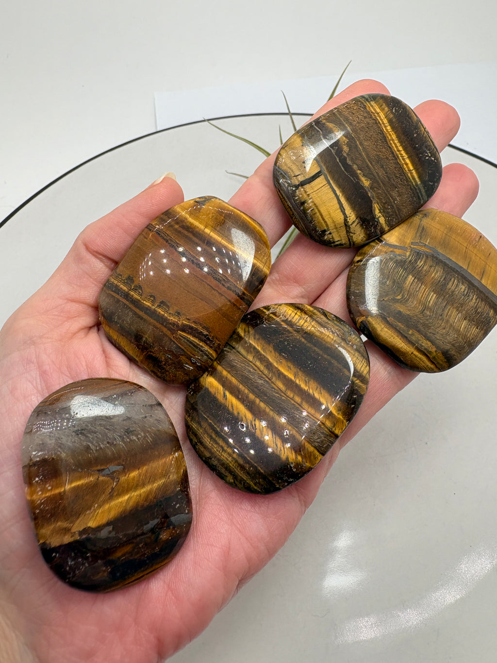 Canto plano de ojo de tigre, ideal para llevar en el bolsillo, regalar o meditar. Escogiendo uno a uno 