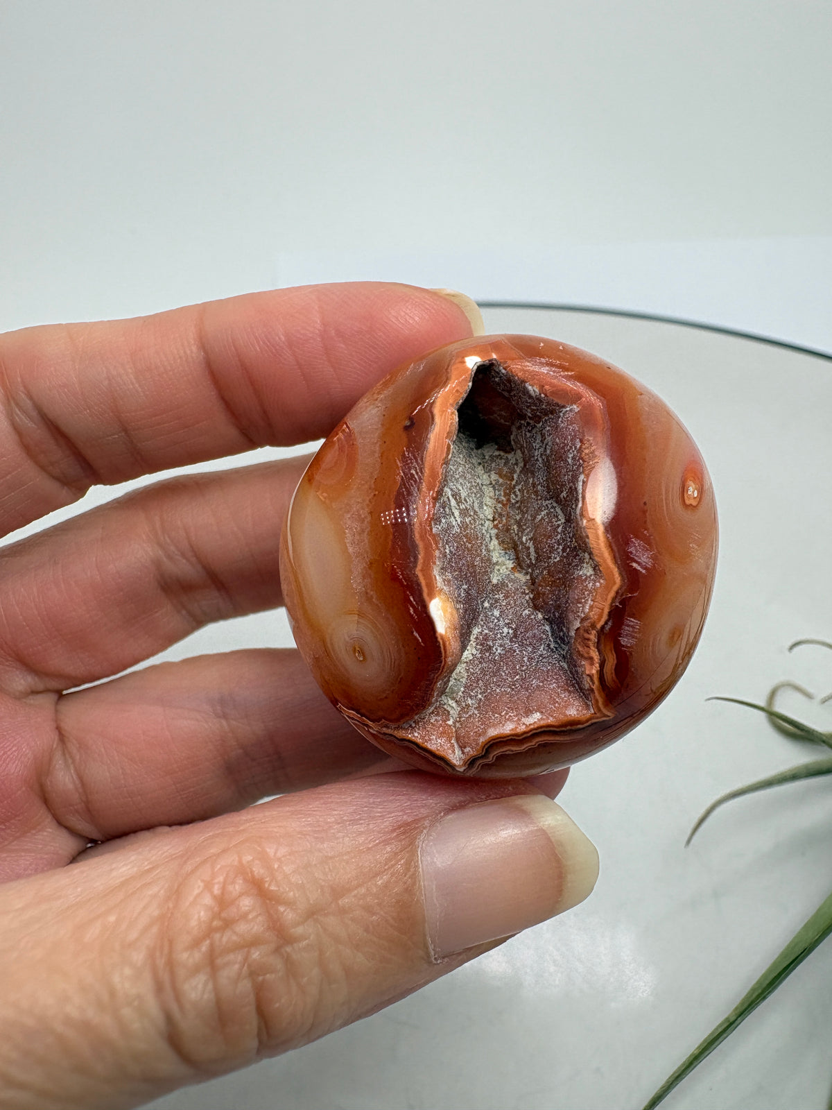 Cantos de ágata cornalina con dibujos y contrastes que hacen especial a cada pieza. Combinan tonos anaranjados, rojizos, crema y zonas oscuras, con bandas y pequeñas cavidades visibles en algunos ejemplares. Su acabado pulido realza estos detalles y les aporta un tacto suave, ideal para llevar contigo o disfrutar en tu colección.