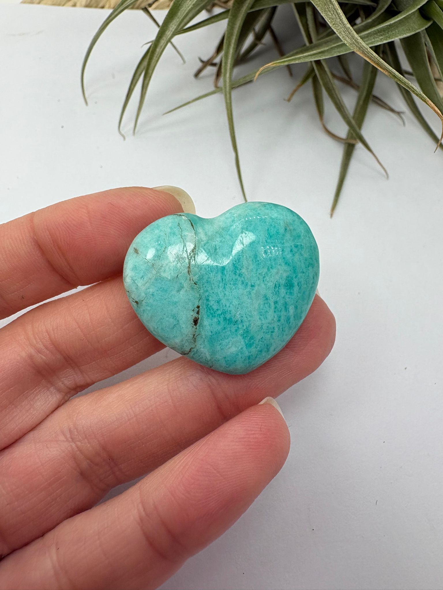 Corazón de amazonita natural tallado y pulido, ideal para trabajar la calma interior, la comunicación y el equilibrio emocional. Su bonito tono verde azulado con vetas naturales hace de cada pieza un ejemplar único.
