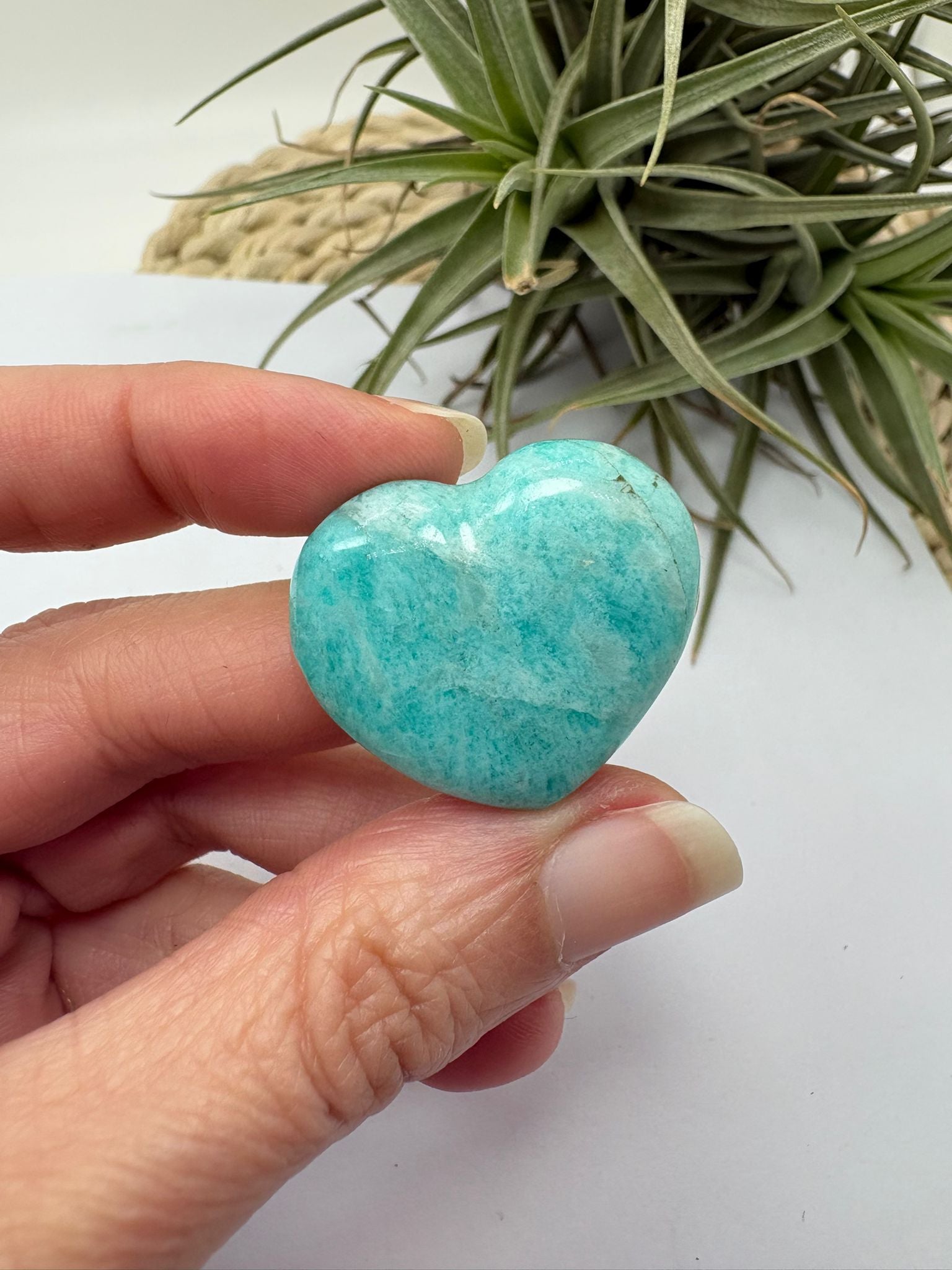 Corazón de amazonita natural tallado y pulido, ideal para trabajar la calma interior, la comunicación y el equilibrio emocional. Su bonito tono verde azulado con vetas naturales hace de cada pieza un ejemplar único.
