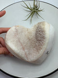 Corazón grande de ágata con una bonita geoda de calcita con micro cristalitos de cuarzo que hace que brillen, en tonos blancos y crema y rosado clarito.

Su cavidad deja a la vista los cristales, con pequeños brillos que se aprecian al moverlo bajo la luz.

Los bordes y la parte trasera están pulidos, mostrando zonas translúcidas y dibujos en tonos tierra. El contraste con la textura de la geoda hace que sea una pieza bonita por ambas caras, ideal para decorar un rincón especial o ampliar tu colección.