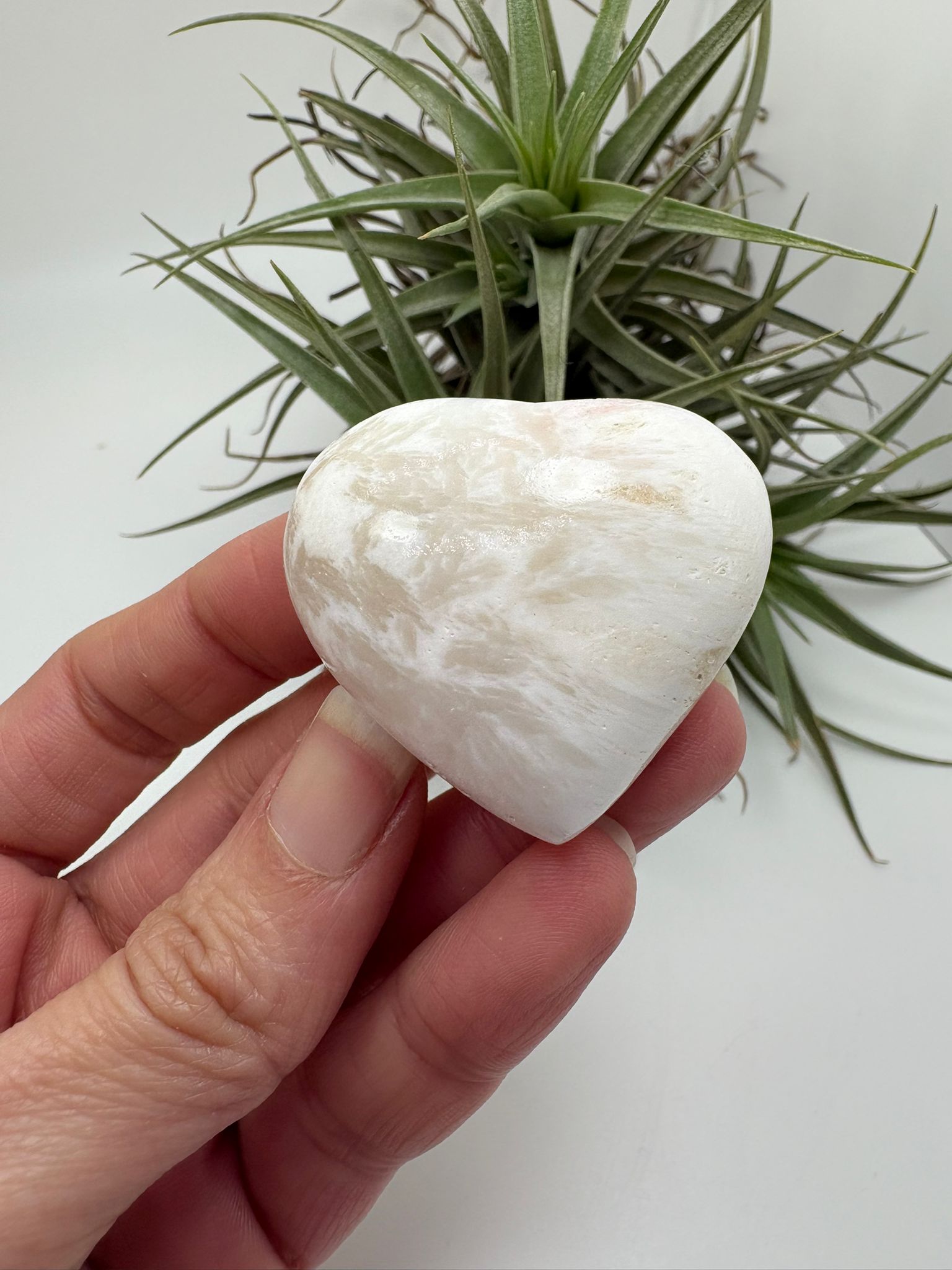 Corazón de escolecita natural de 6 cm con energía calmante y espiritual. Pieza única ideal para meditación, descanso y conexión interior.