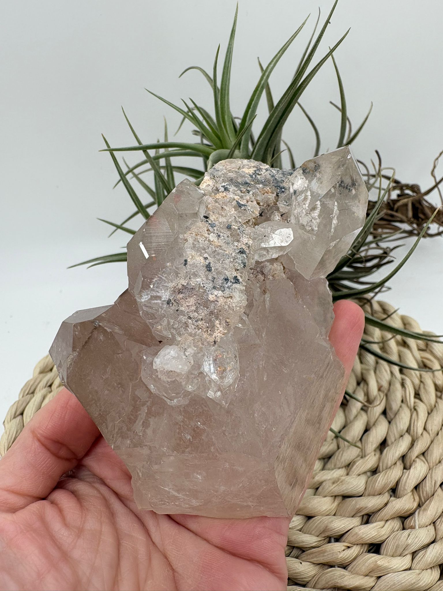Cuarzo chamánico con inclusiones tipo jardín en su interior. Pieza única con energía profunda, ideal para conexión espiritual y meditación.