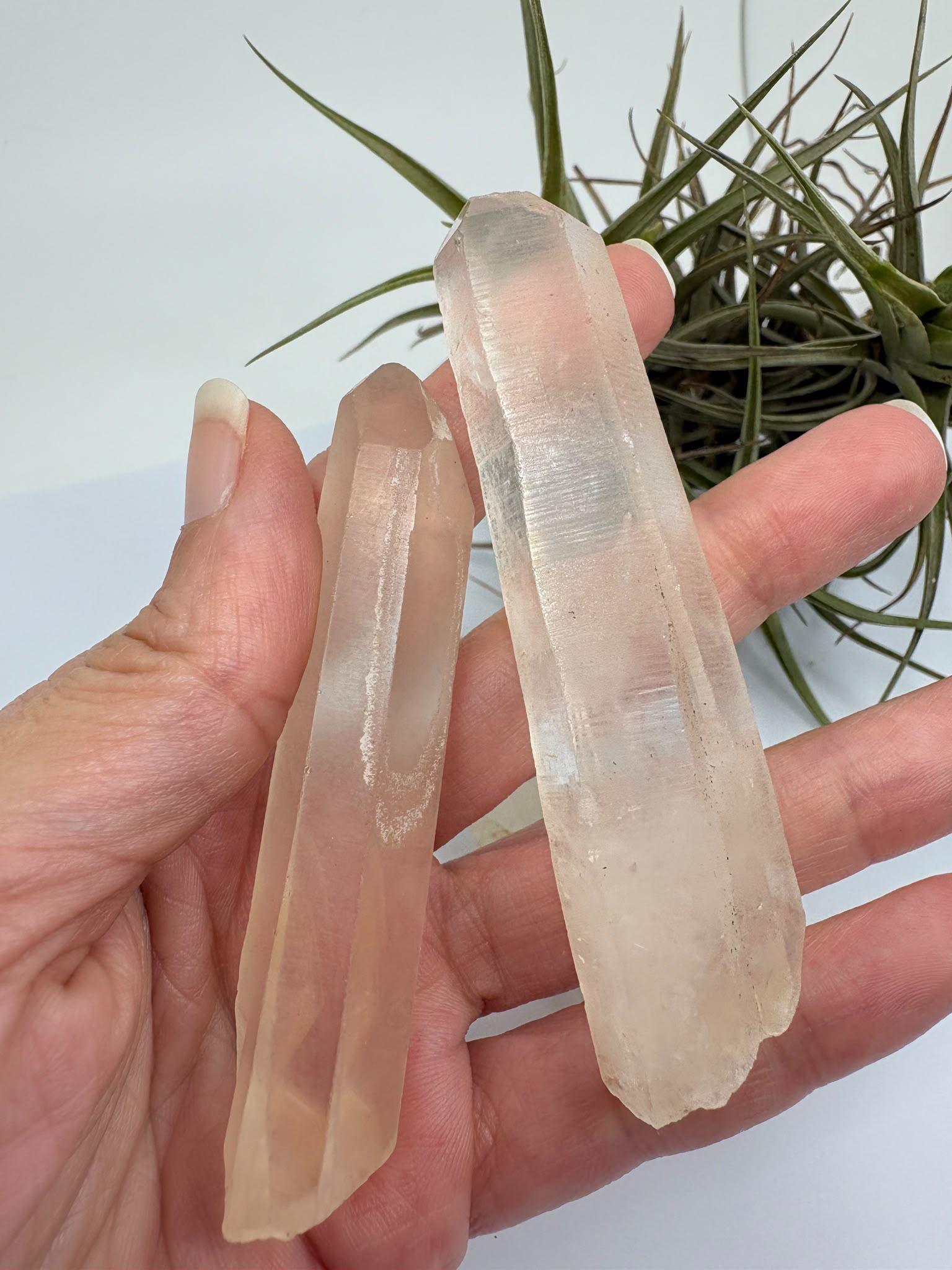 Cuarzo lemuriano natural de aproximadamente 7 × 2 cm. Cristales con estrías naturales, ideales para colección, meditación y crecimiento espiritual. Se enviará una pieza aleatoria