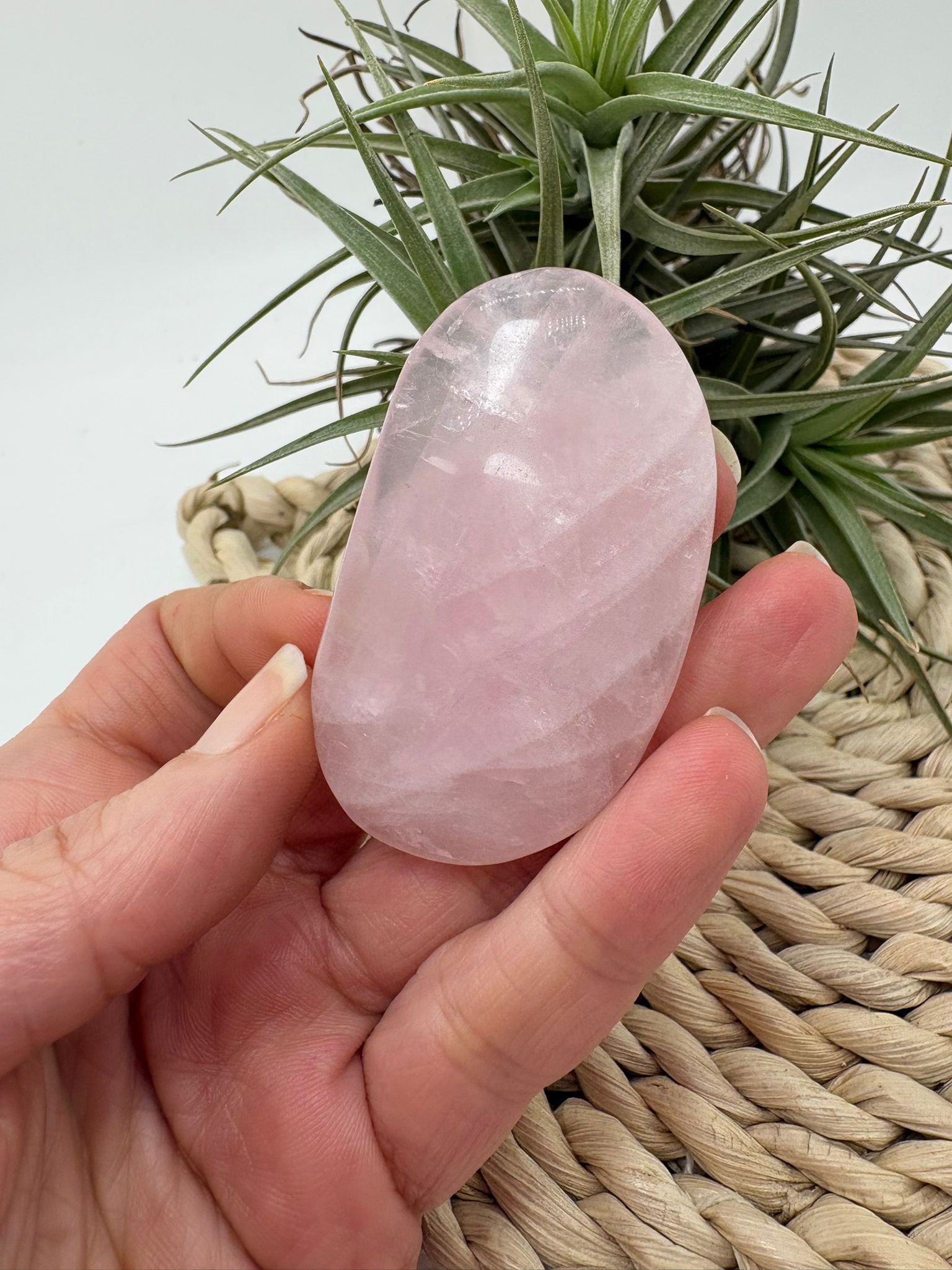 Palmstone plano de cuarzo rosa natural de 5,4 x 4,3 cm. Una pieza suave y pulida, ideal para amor propio, calma emocional y chakra corazón.