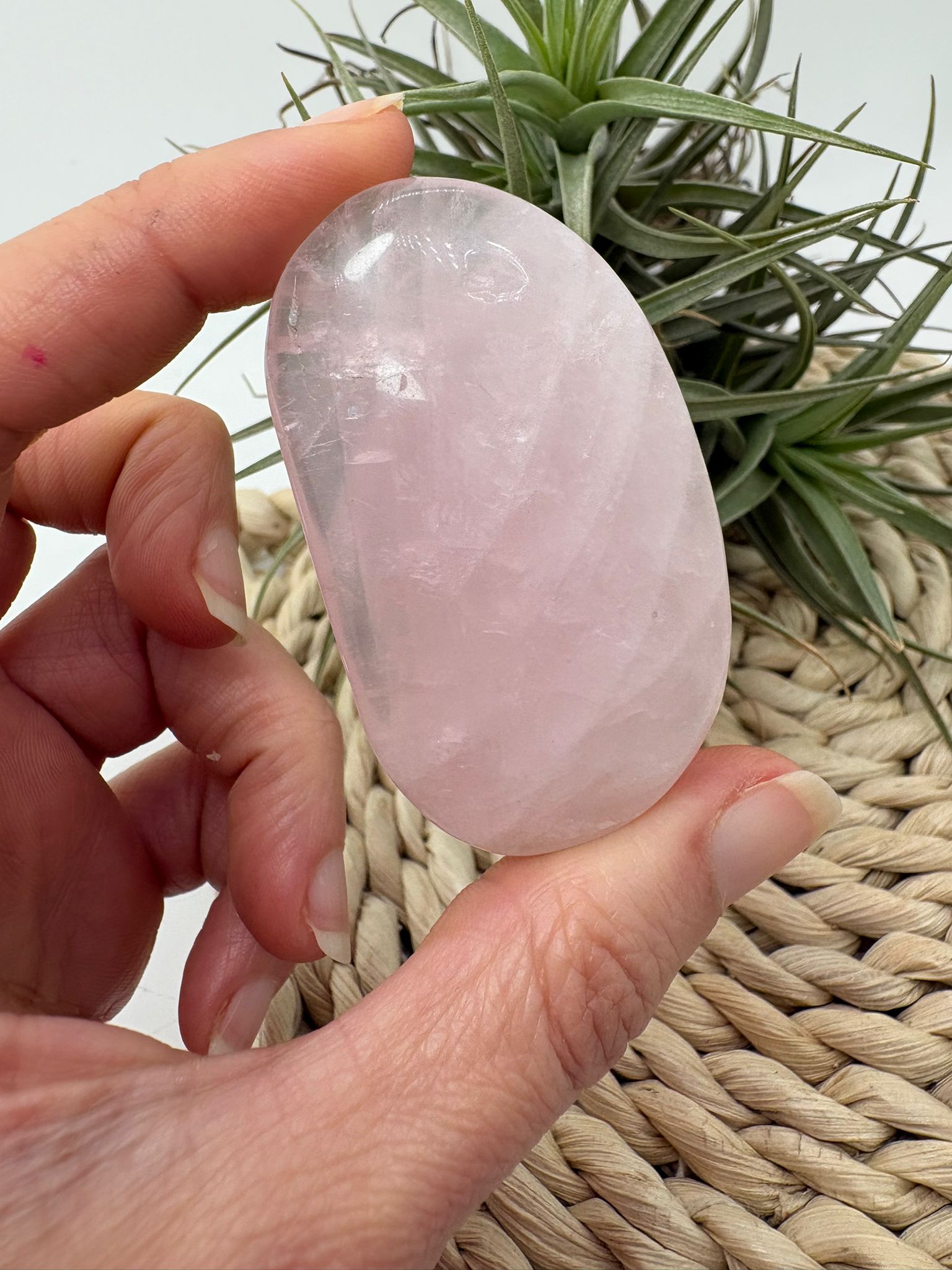 Palmstone plano de cuarzo rosa natural de 5,4 x 4,3 cm. Una pieza suave y pulida, ideal para amor propio, calma emocional y chakra corazón.