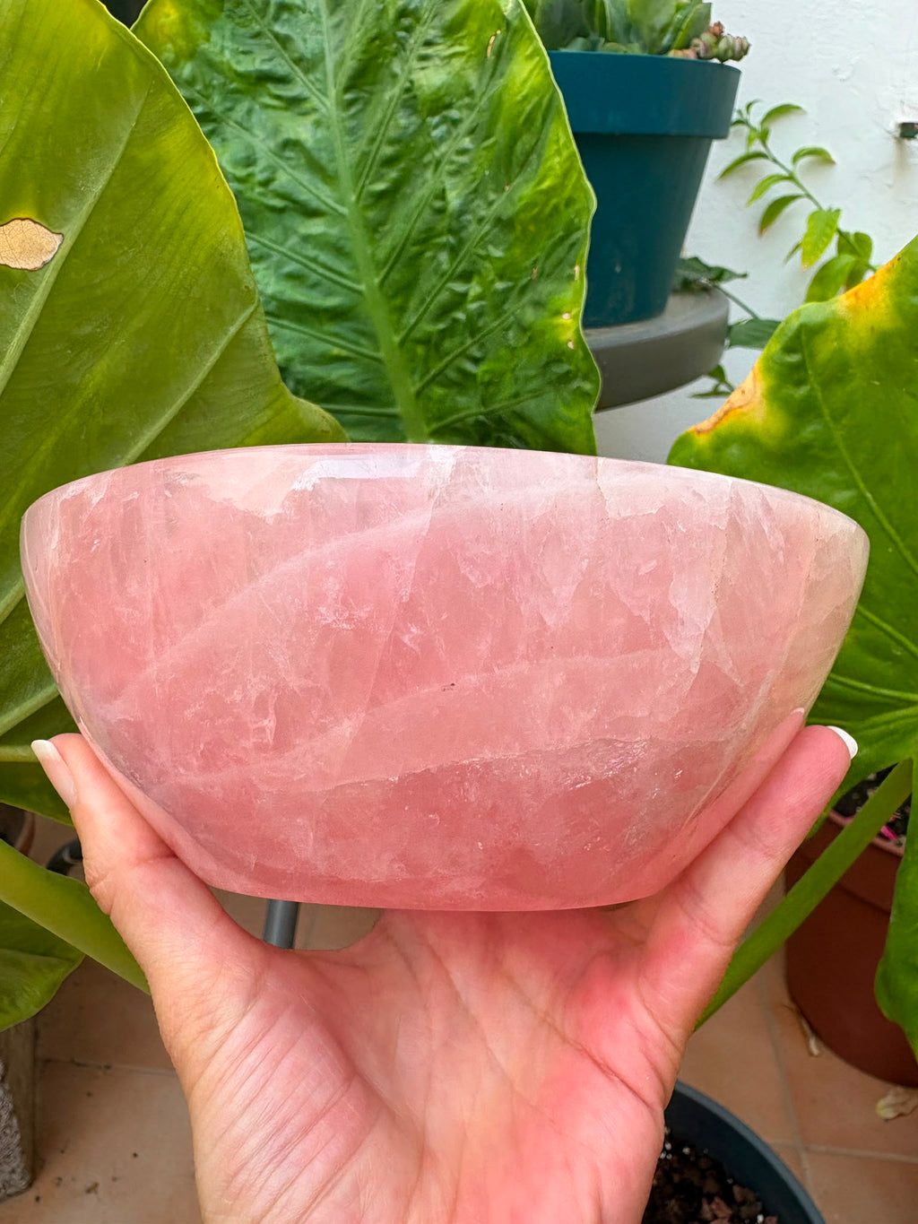Cuenco de cuarzo rosa natural pulido de 16 cm y 1,040 kg. Pieza única, ideal para decoración, joyas, minerales o como elegante centro de mesa.