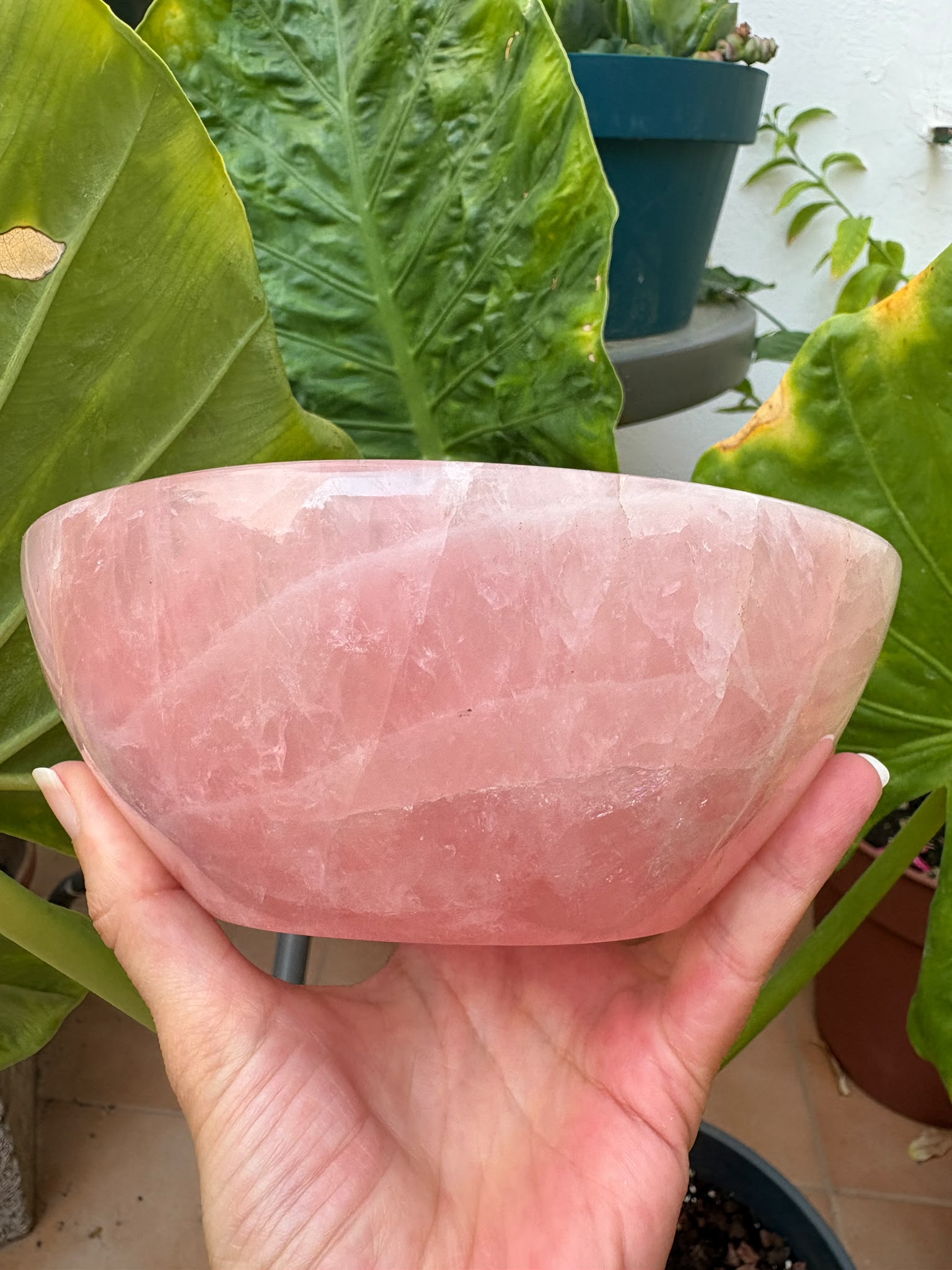 Cuenco de cuarzo rosa natural pulido de 16 cm y 1,040 kg. Pieza única, ideal para decoración, joyas, minerales o como elegante centro de mesa.