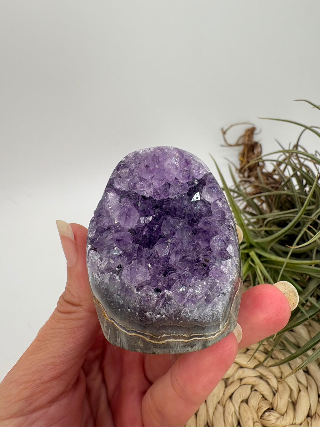 Drusa de amatista natural, mineral de color violeta muy apreciado en cristaloterapia por asociarse con la calma, la relajación y el equilibrio emocional.