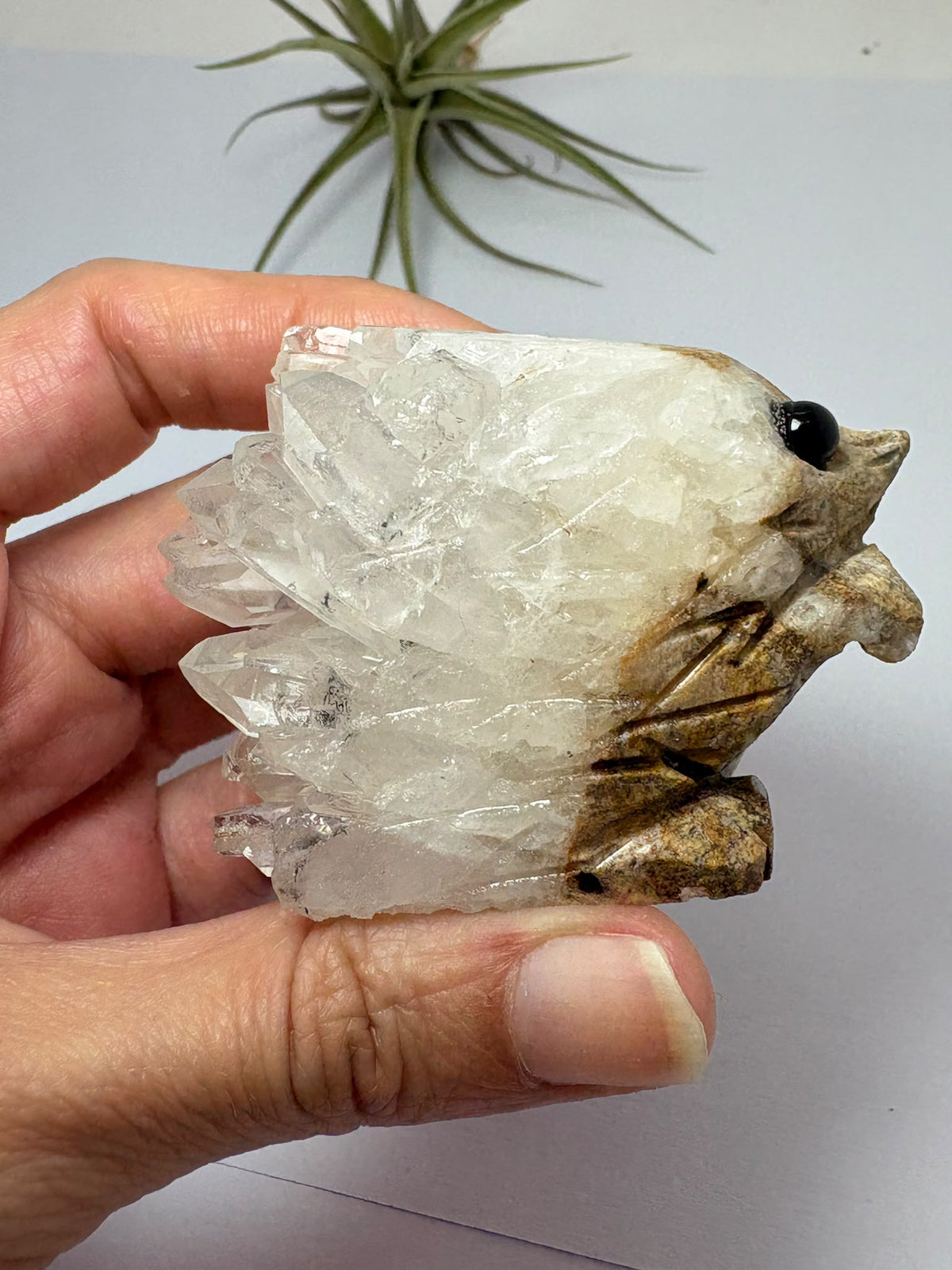 Erizo de cuarzo con cristales naturales, tonos tierra y una encantadora expresión. Una figura especial para decorar o regalar.