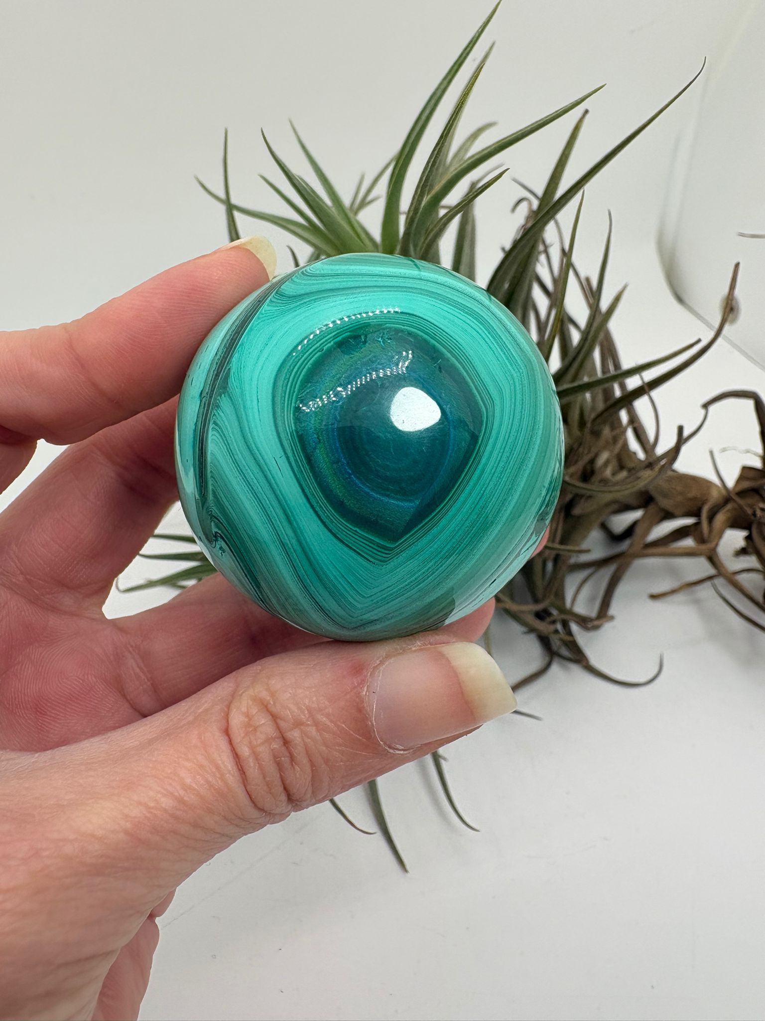  preciosa esfera de malaquita natural con inclusiones de crisocola, ideal para terapias de chakra corazon, ideal para decoracion espiritual. piedra natural