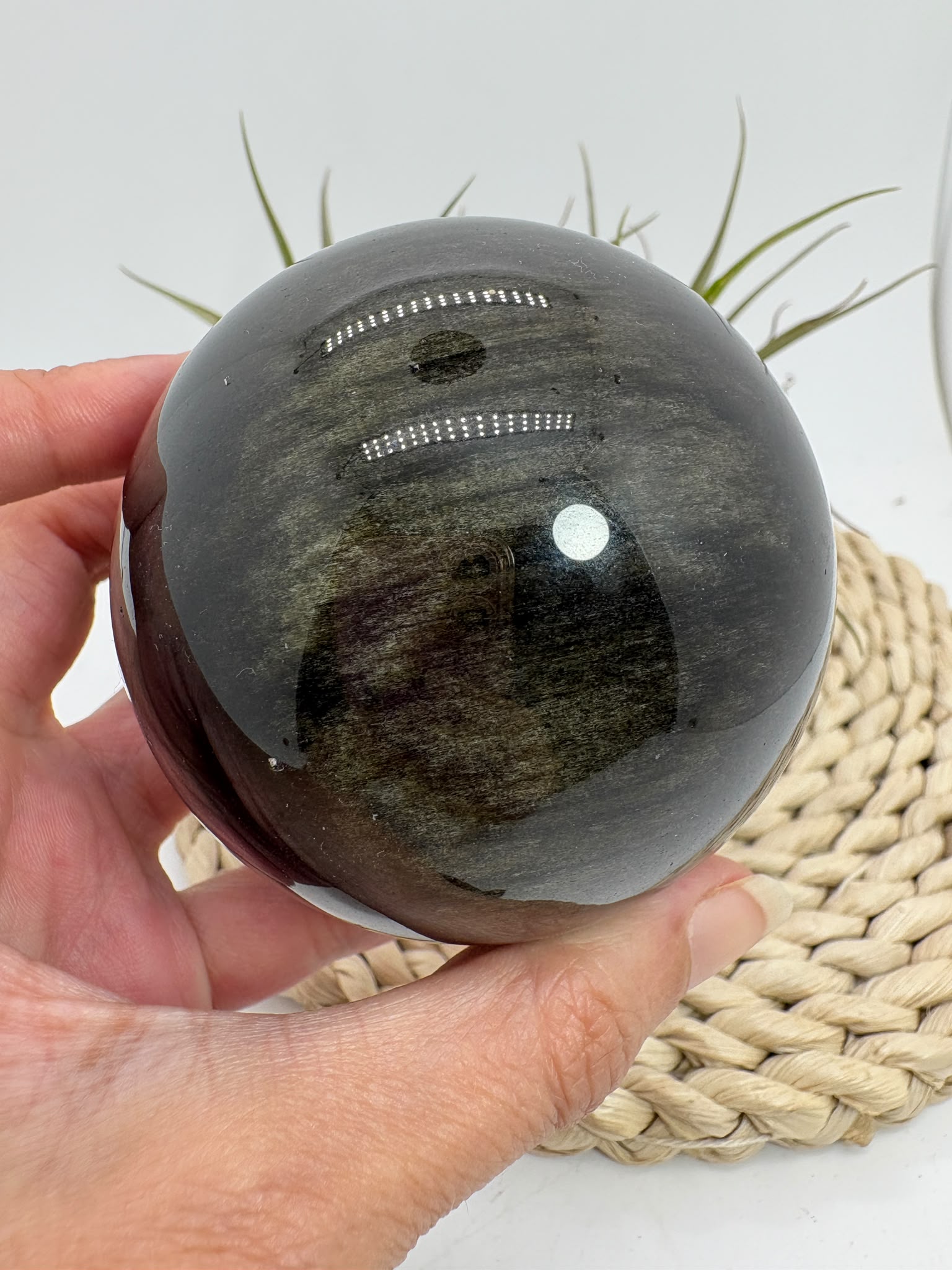 Esfera de obsidiana dorada procedente de México, de gran tamaño y con un intenso acabado pulido. Su superficie oscura revela preciosos reflejos dorados al recibir la luz, creando un efecto brillante y profundo característico de esta variedad de obsidiana.