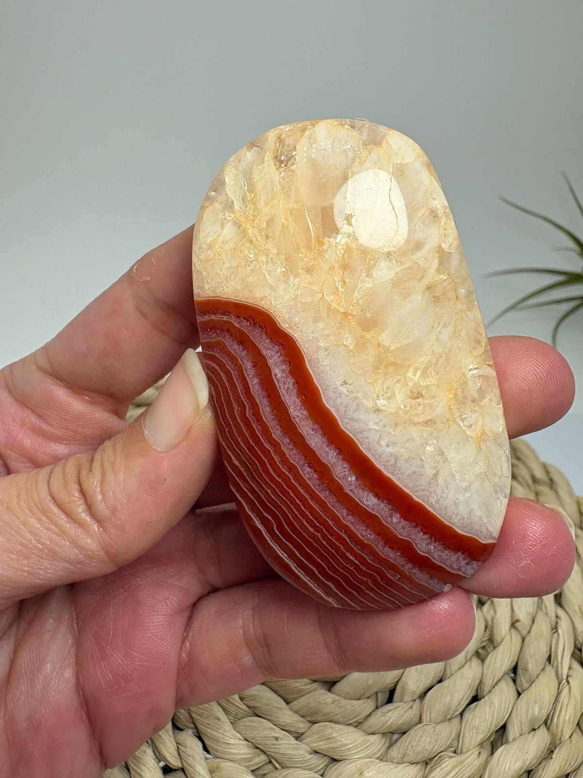 Descubre esta palmstone de ágata cornalina pulida, con bandas rojizas y tonos crema. Recibe la pieza fotografiada de La Hada de las Piedras.